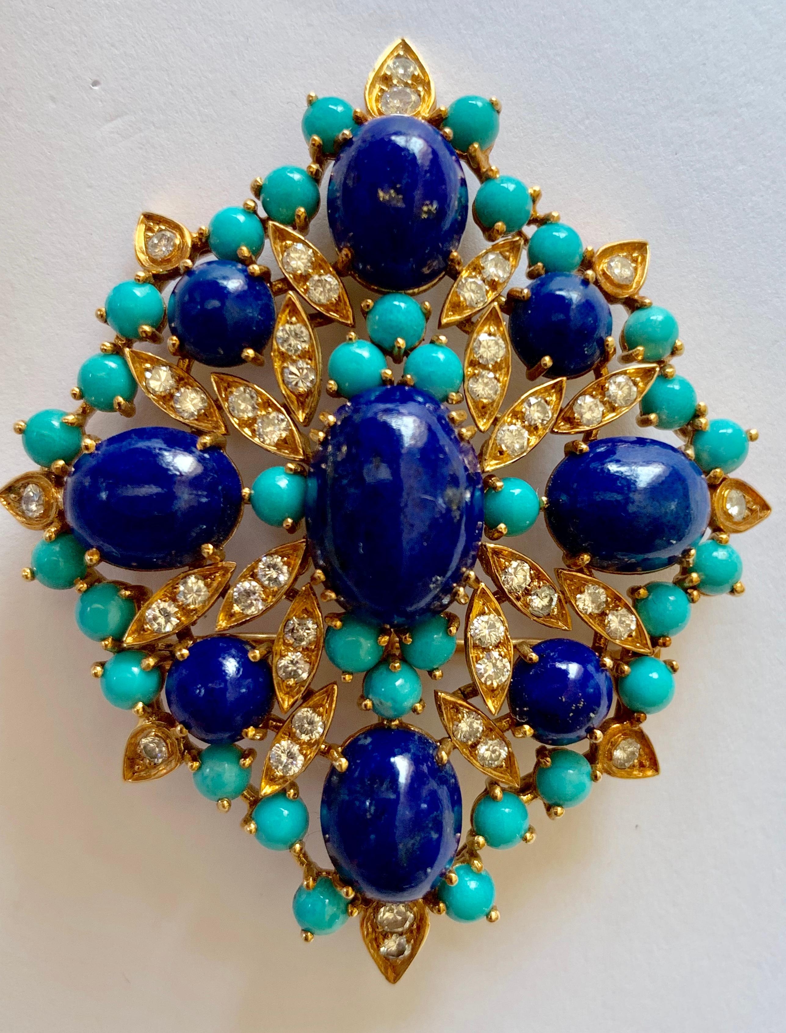 Contemporary Turquoise, Lapis and Diamond Vintage Brooch/Pendant, circa 1960