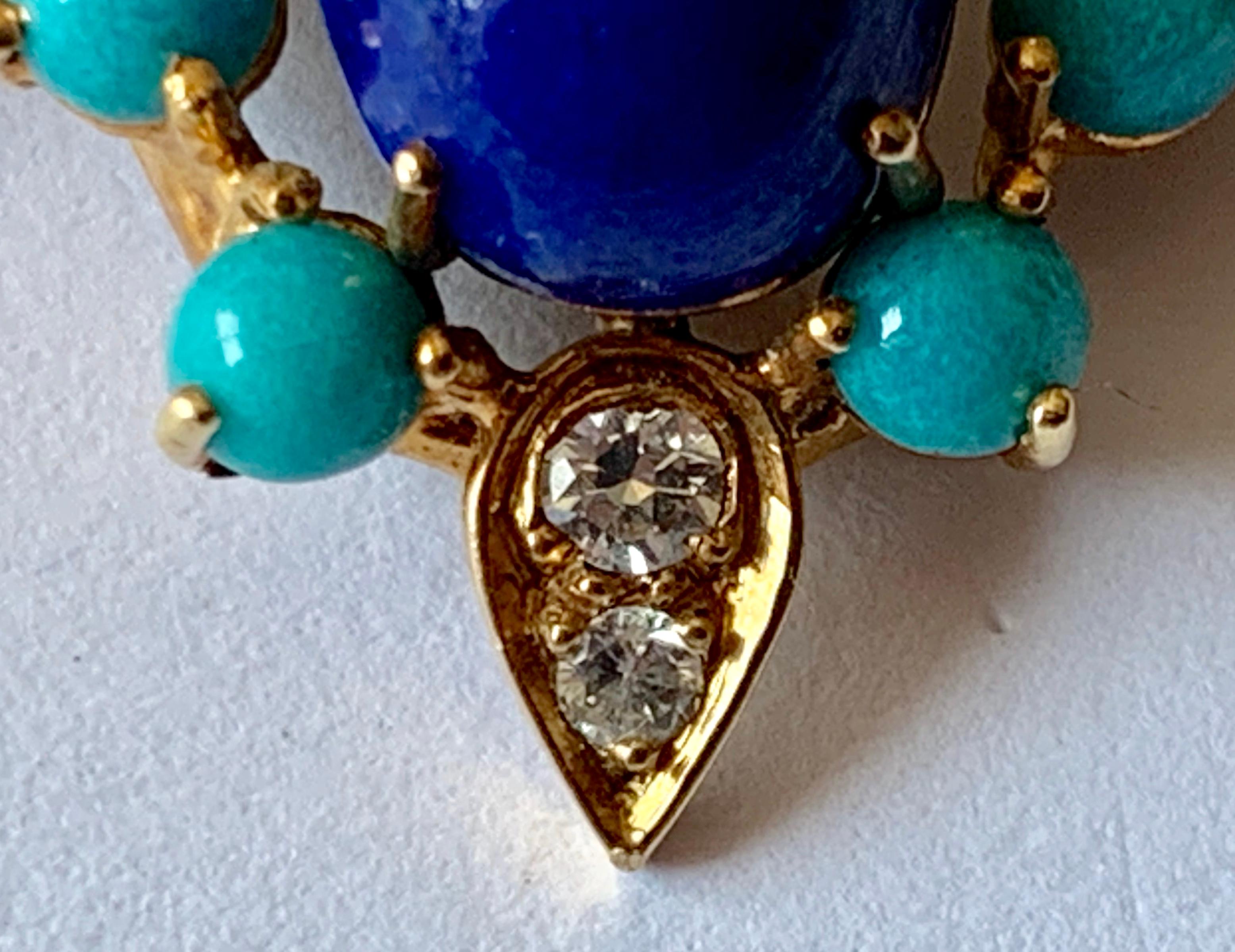 Turquoise, Lapis and Diamond Vintage Brooch/Pendant, circa 1960 In Good Condition In Zurich, Zollstrasse