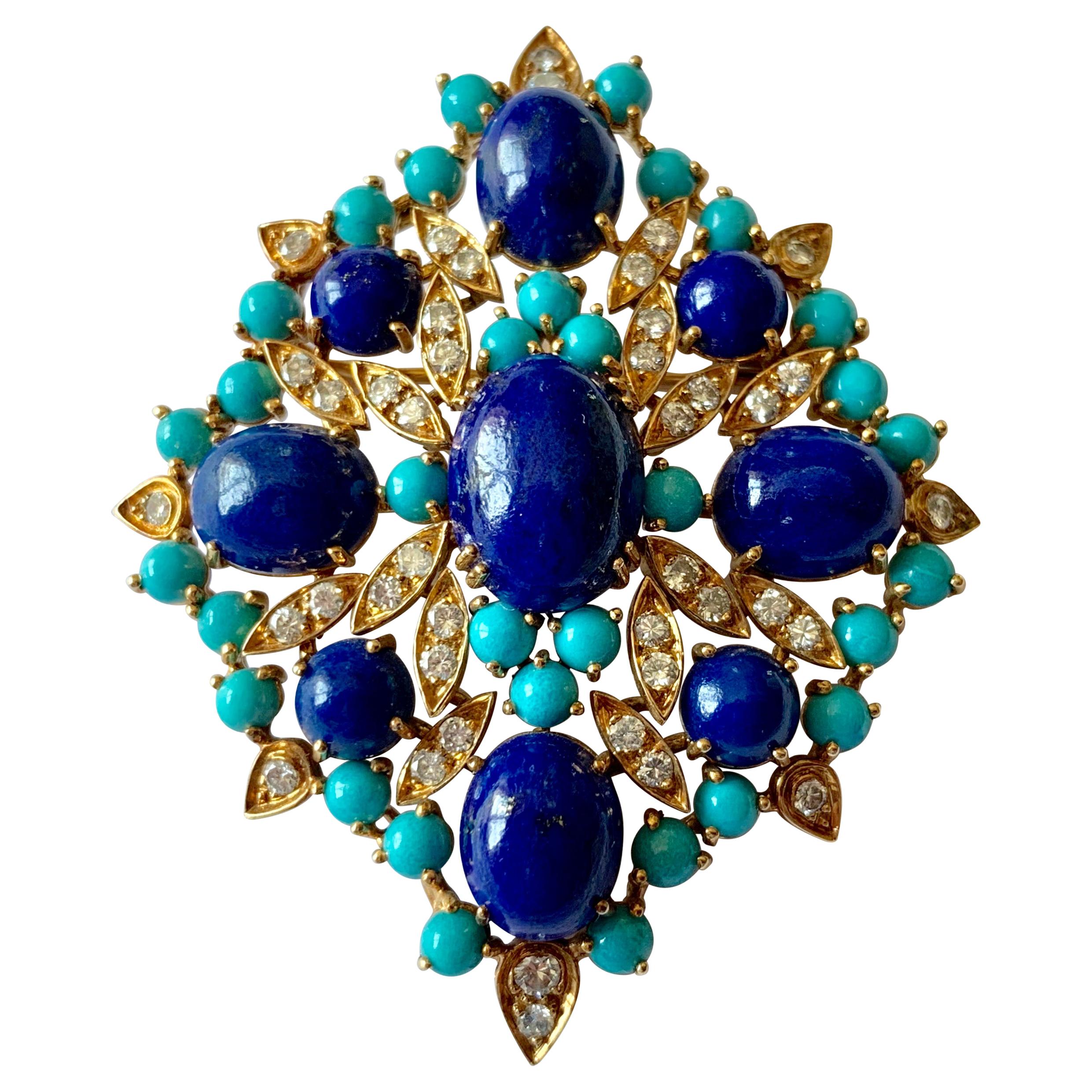 Turquoise, Lapis and Diamond Vintage Brooch/Pendant, circa 1960