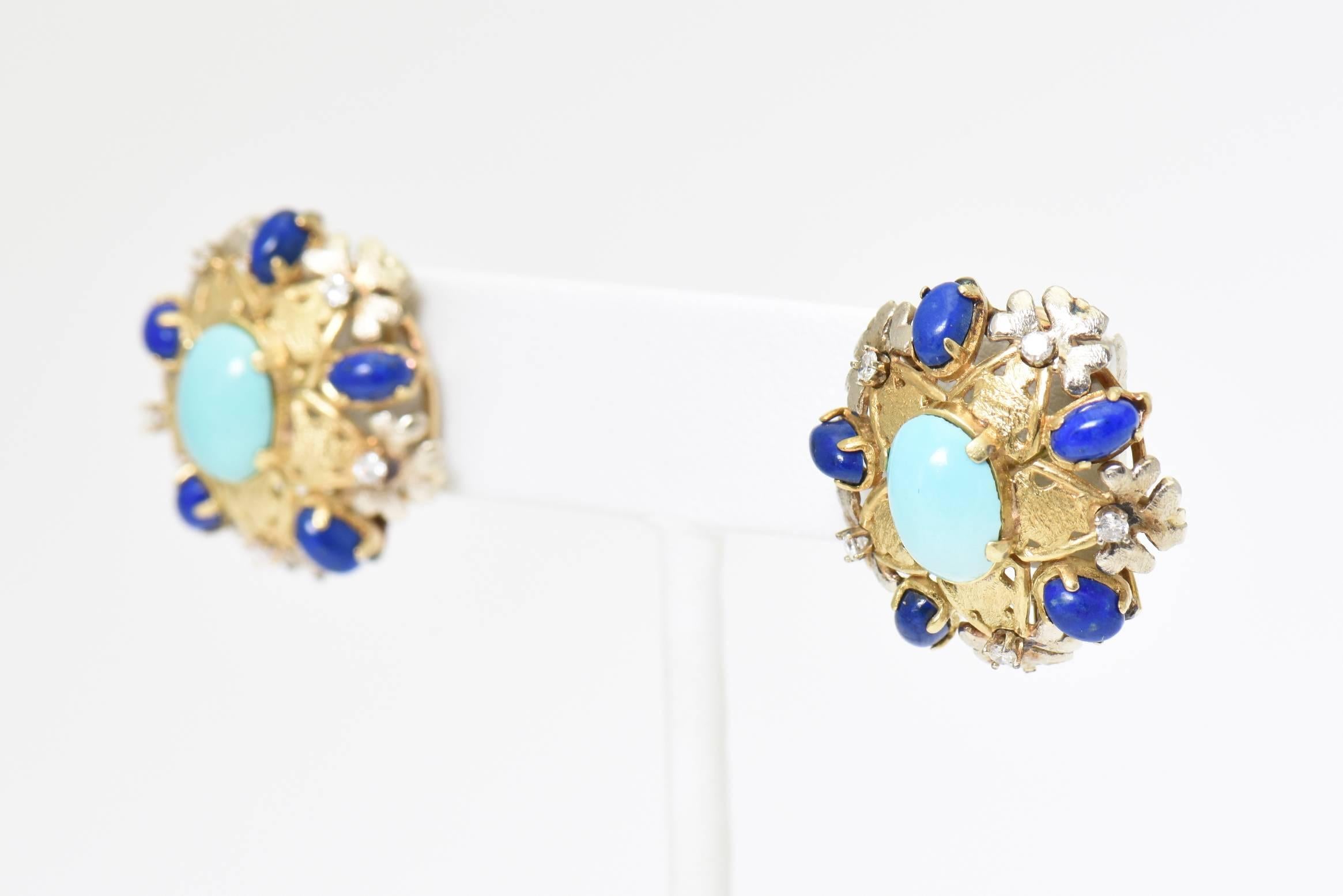 Turquoise, Lapis, Diamond and Two-Tone Gold Floral Clip Earrings In Excellent Condition In Miami Beach, FL