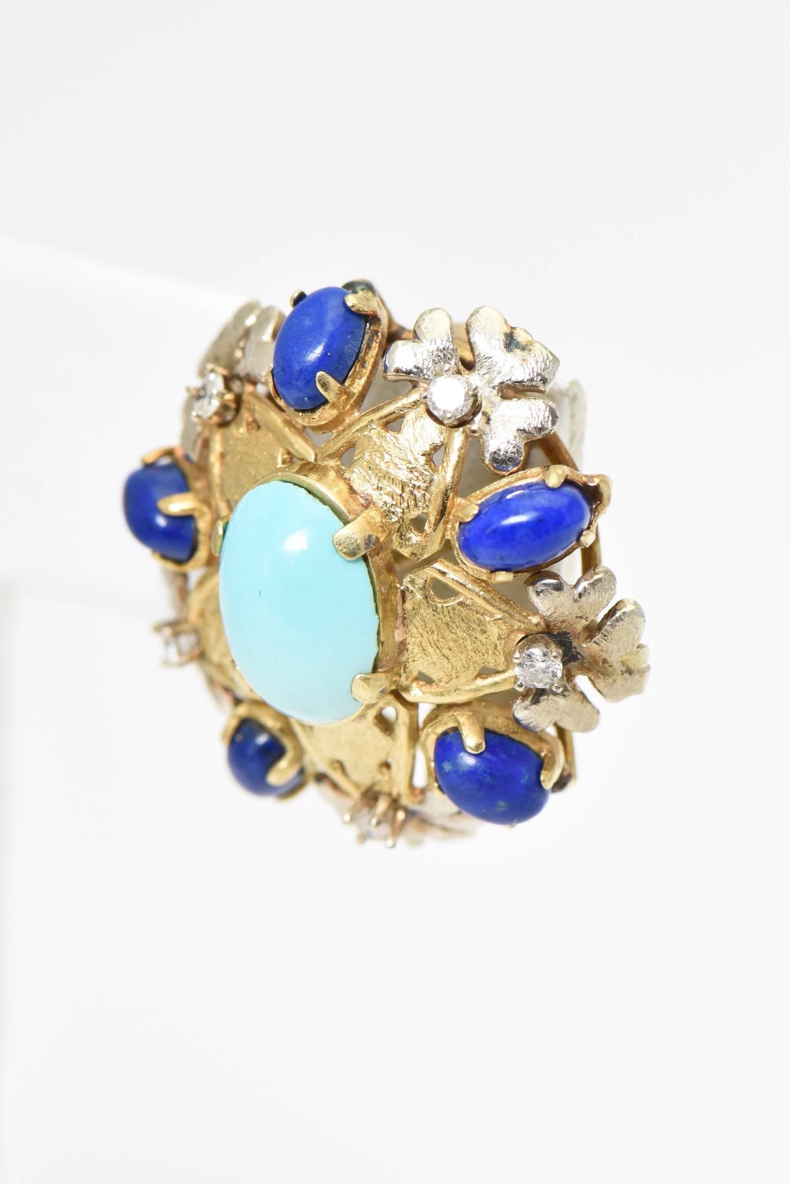 Women's Turquoise, Lapis, Diamond and Two-Tone Gold Floral Clip Earrings