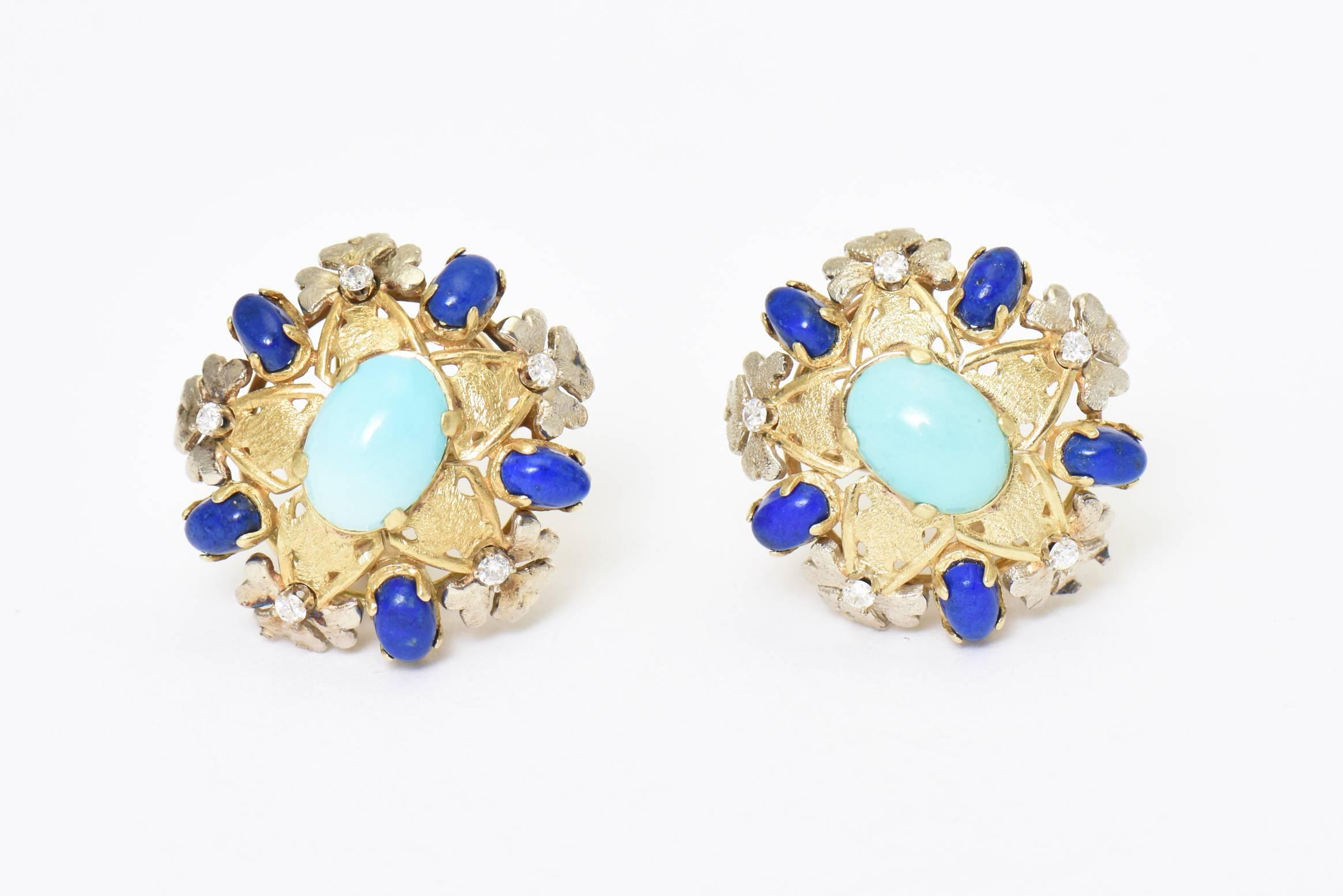 Turquoise, Lapis, Diamond and Two-Tone Gold Floral Clip Earrings 1