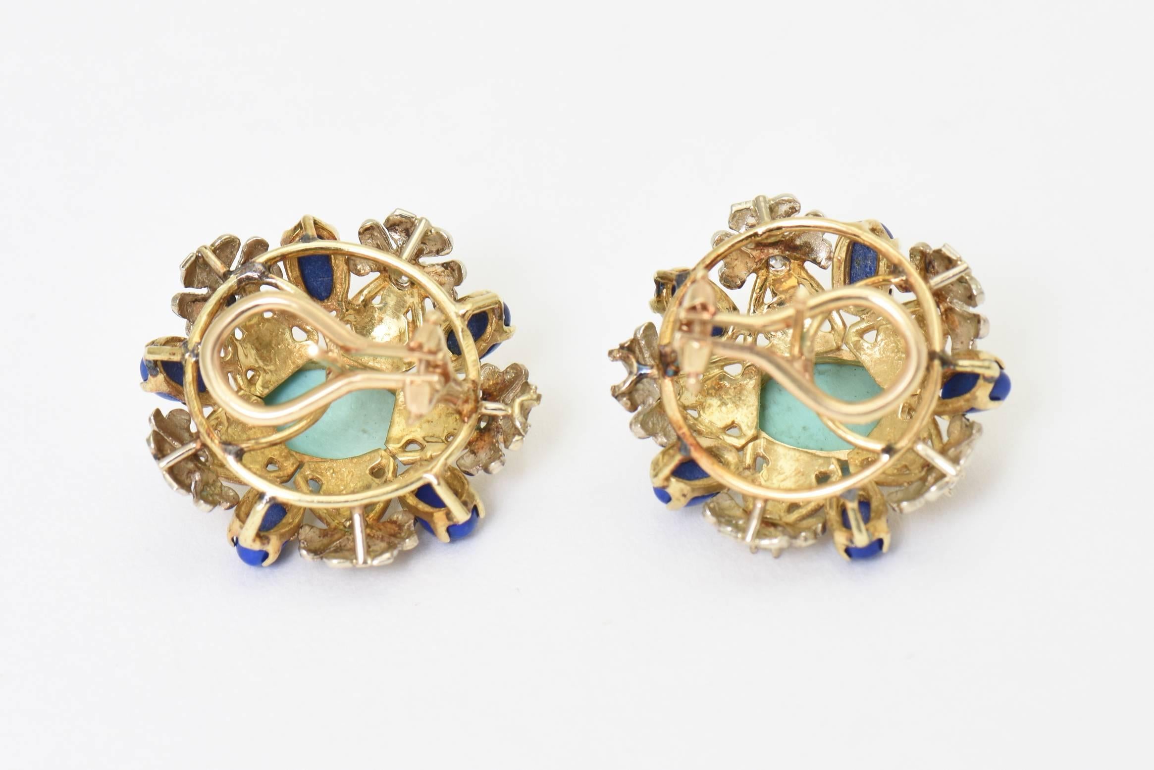 Turquoise, Lapis, Diamond and Two-Tone Gold Floral Clip Earrings 2