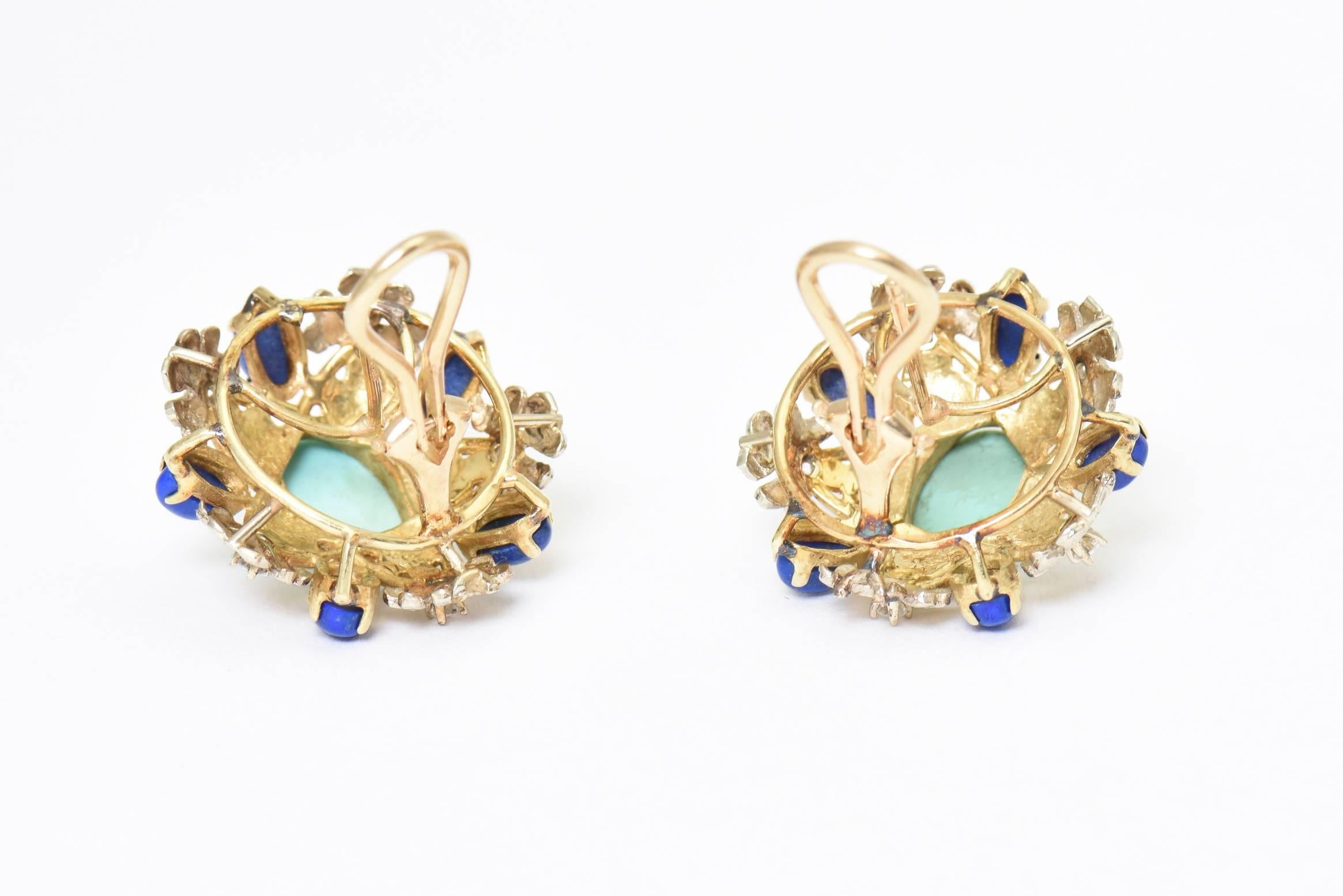 Turquoise, Lapis, Diamond and Two-Tone Gold Floral Clip Earrings 3