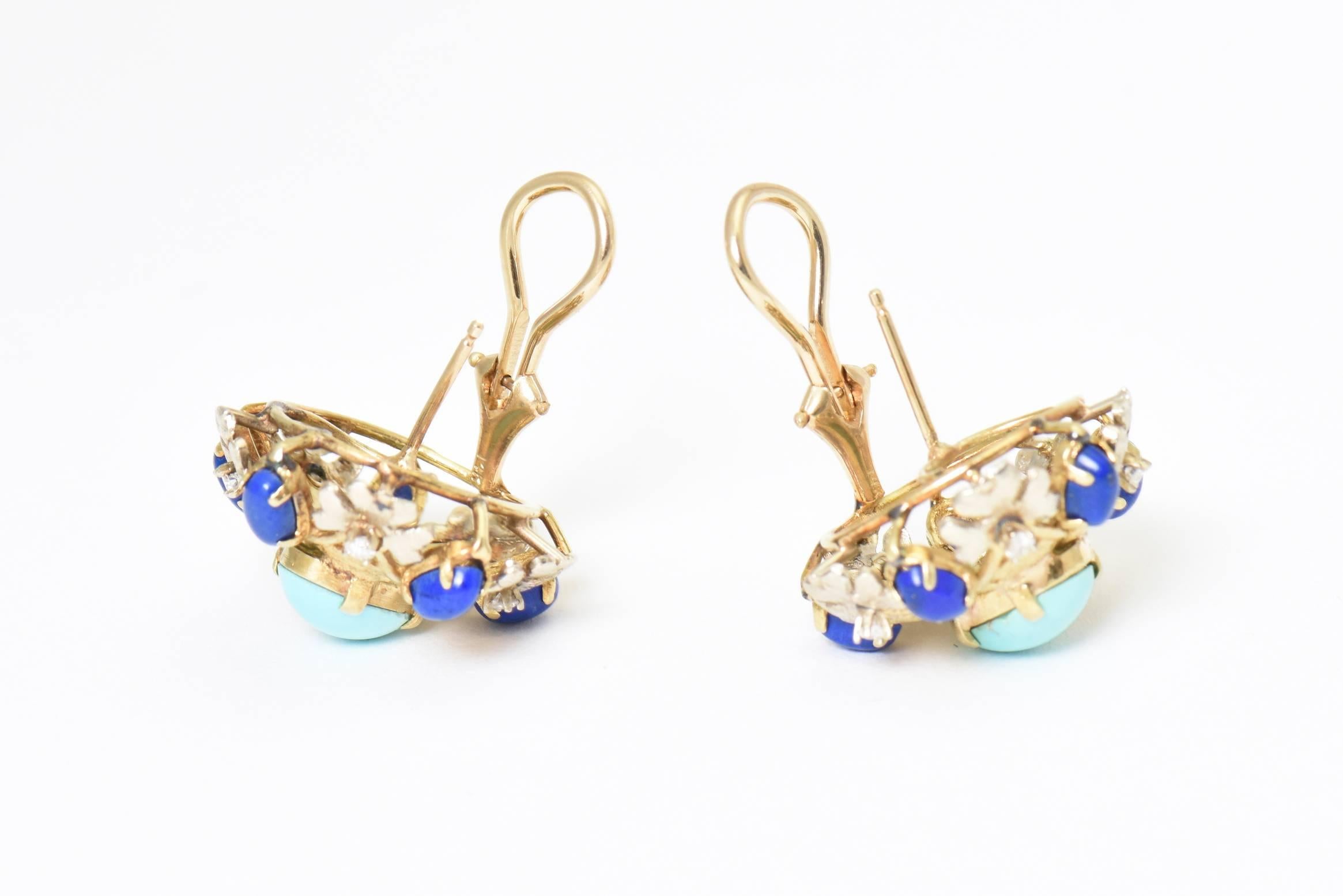 Turquoise, Lapis, Diamond and Two-Tone Gold Floral Clip Earrings 4