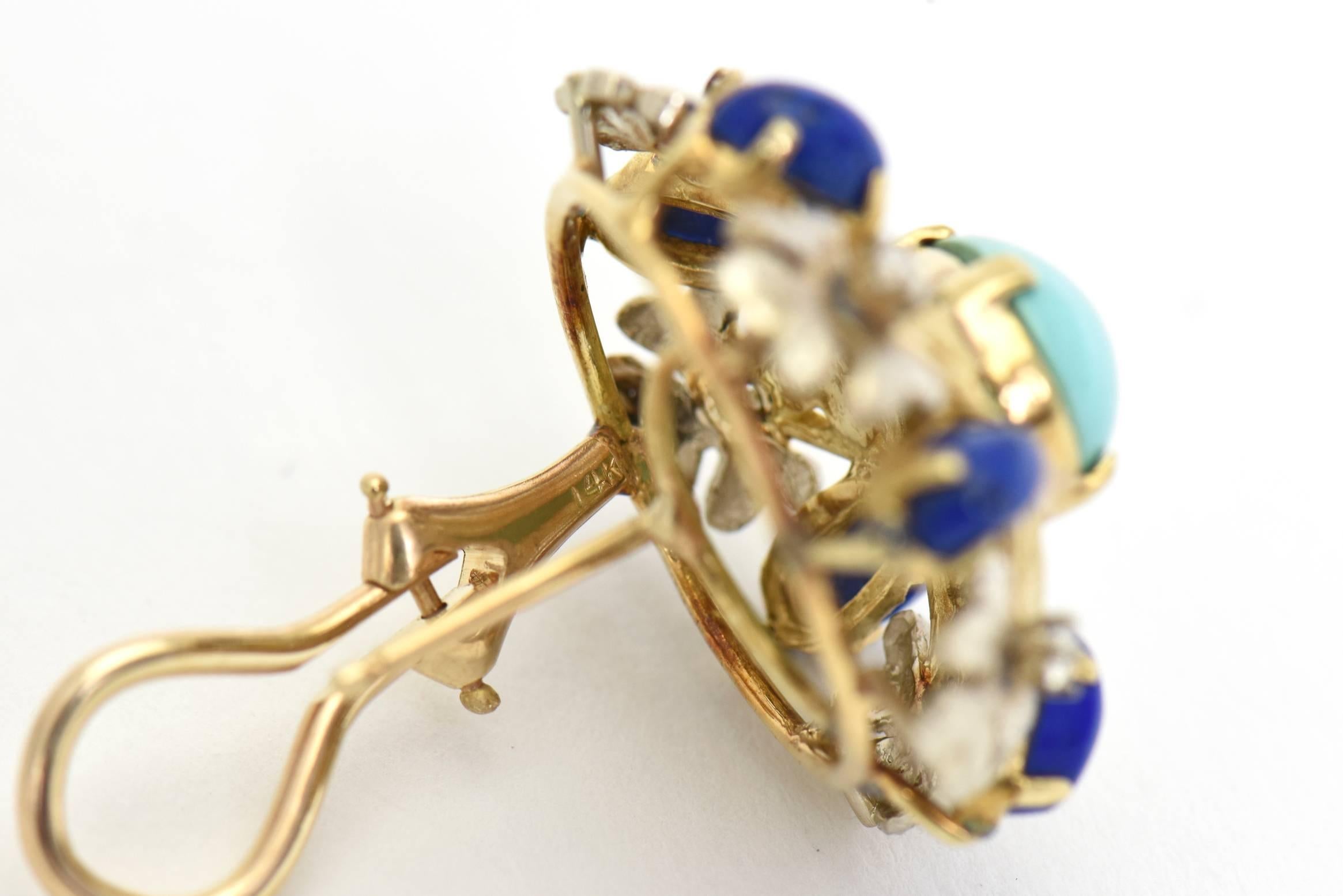 Turquoise, Lapis, Diamond and Two-Tone Gold Floral Clip Earrings 5