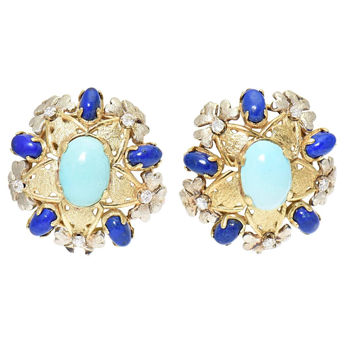 Turquoise, Lapis, Diamond and Two-Tone Gold Floral Clip Earrings