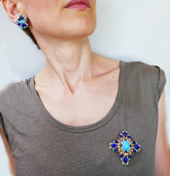 Turquoise Lapis Gold Brooch Pin Clip Earrings Set, 1970s