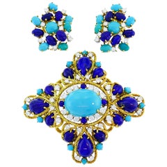 Turquoise Lapis Gold Brooch Pin Clip Earrings Set, 1970s