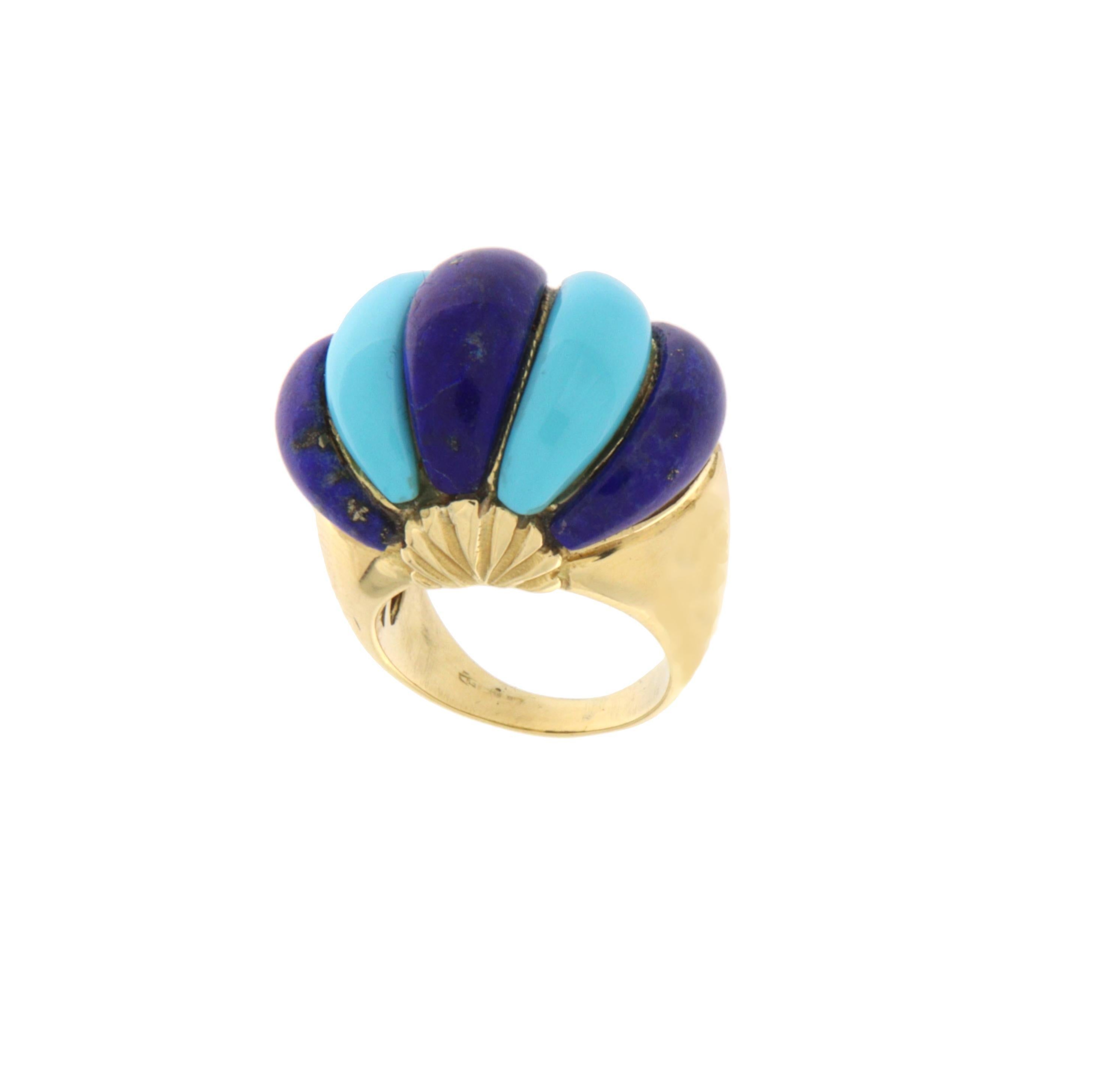 Türkis Lapislazuli 14 Karat Gelbgold Cocktail Ring (Ungeschliffen) im Angebot