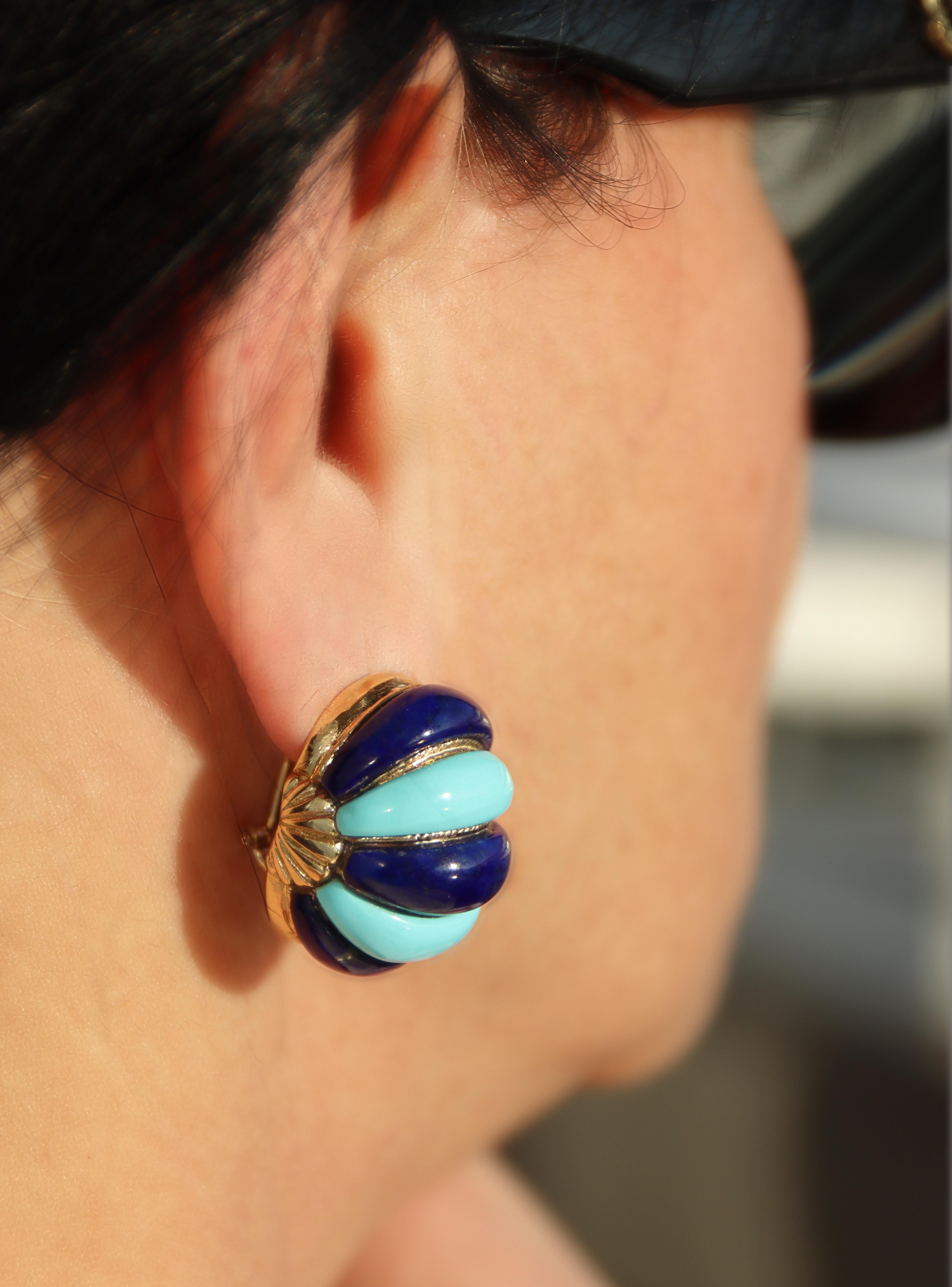 Boucles d'oreilles Turquoise Lapis Lazuli en or jaune 14 carats en vente 4