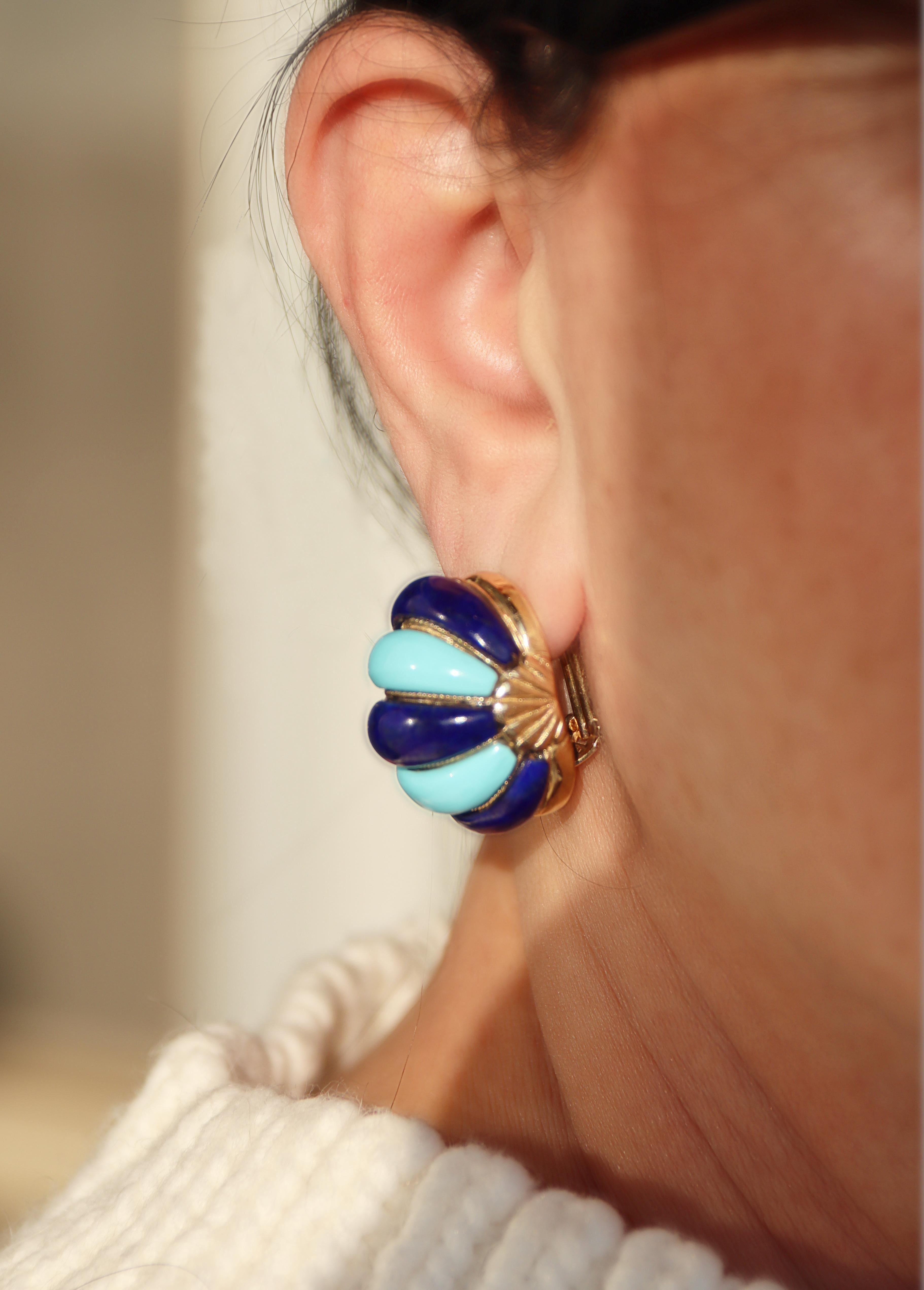 Boucles d'oreilles Turquoise Lapis Lazuli en or jaune 14 carats en vente 5