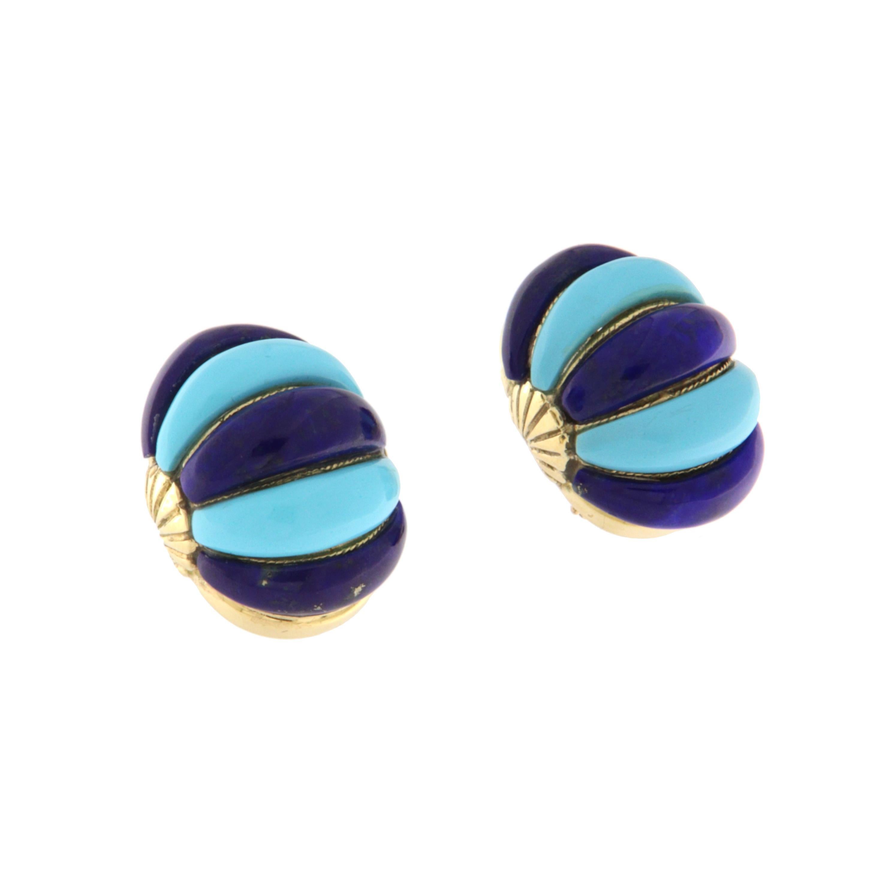 Artigiano Orecchini con perno in turchese e lapislazzuli in oro giallo 14 carati in vendita