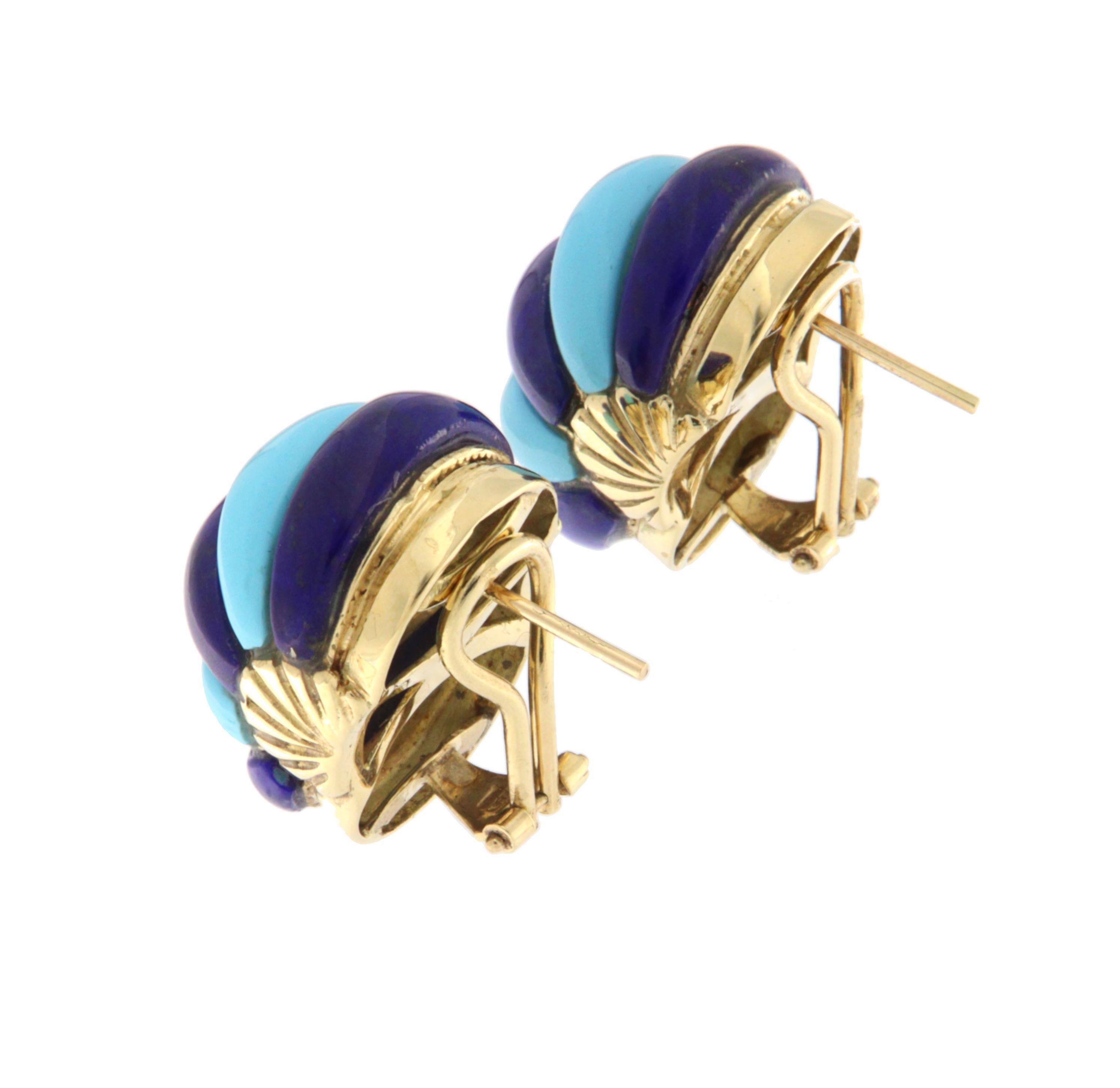 Orecchini con perno in turchese e lapislazzuli in oro giallo 14 carati In condizioni Nuovo in vendita a Marcianise, IT