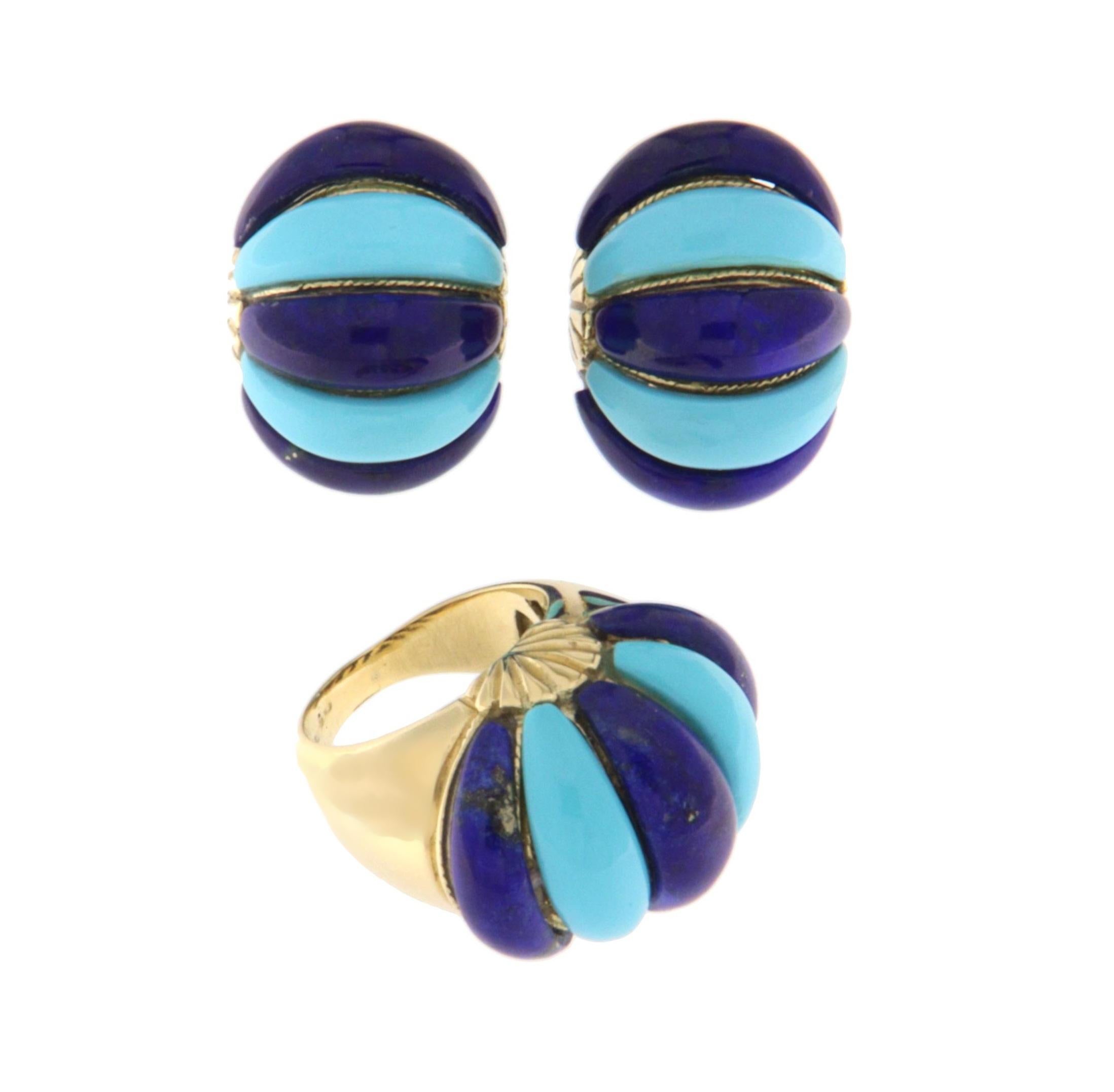 Donna Orecchini con perno in turchese e lapislazzuli in oro giallo 14 carati in vendita