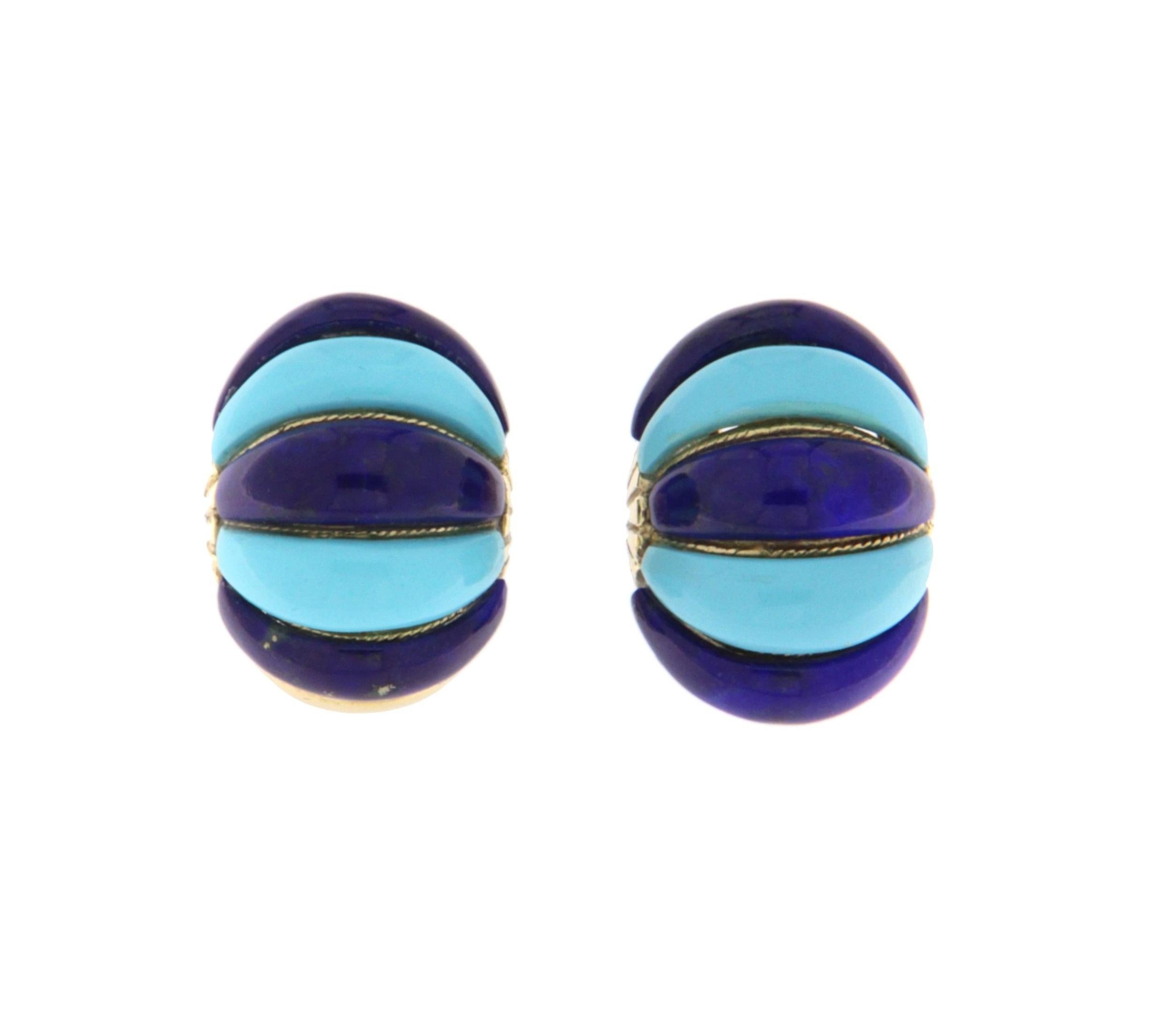 Orecchini con perno in turchese e lapislazzuli in oro giallo 14 carati in vendita 1