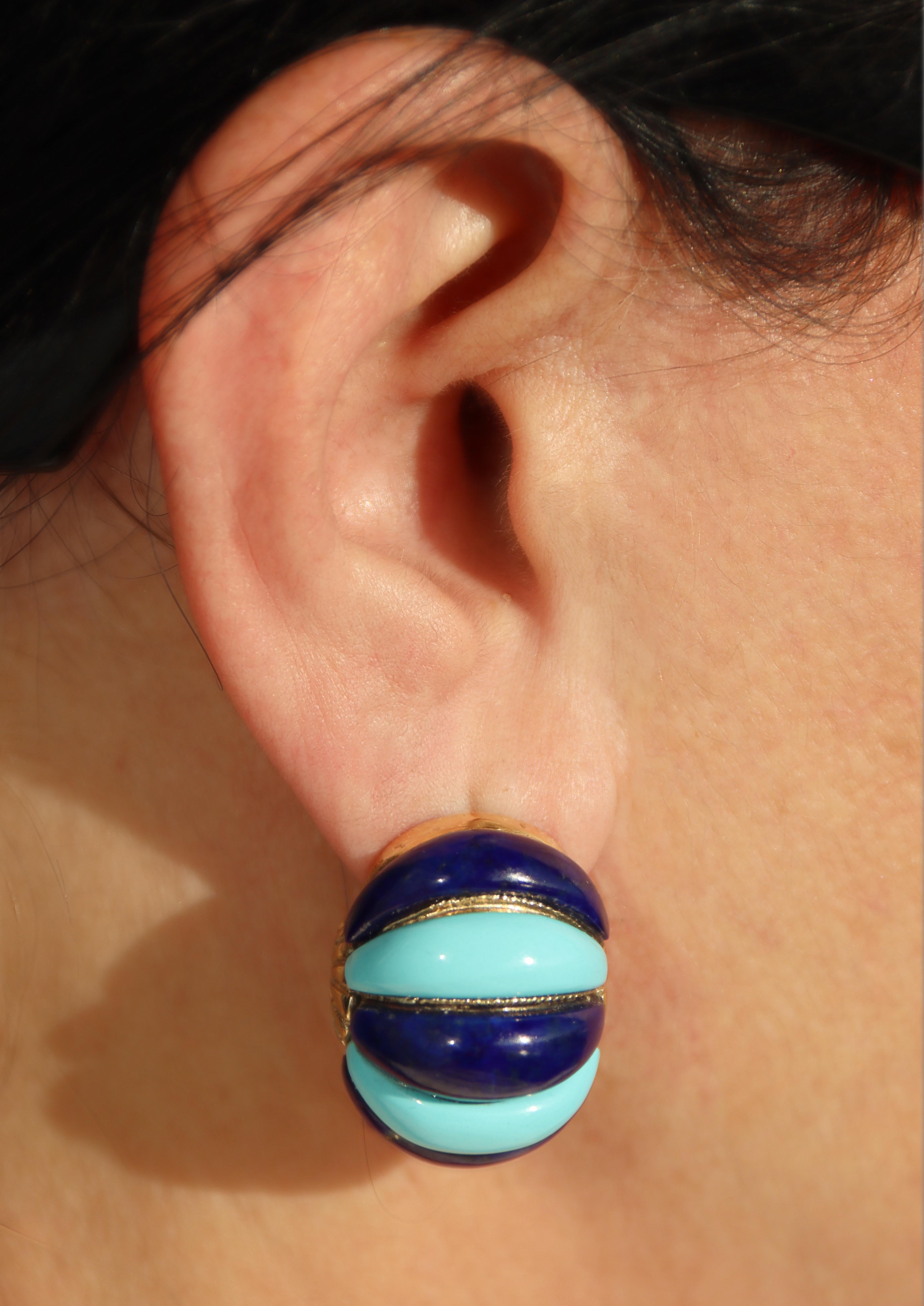 Boucles d'oreilles Turquoise Lapis Lazuli en or jaune 14 carats en vente 2