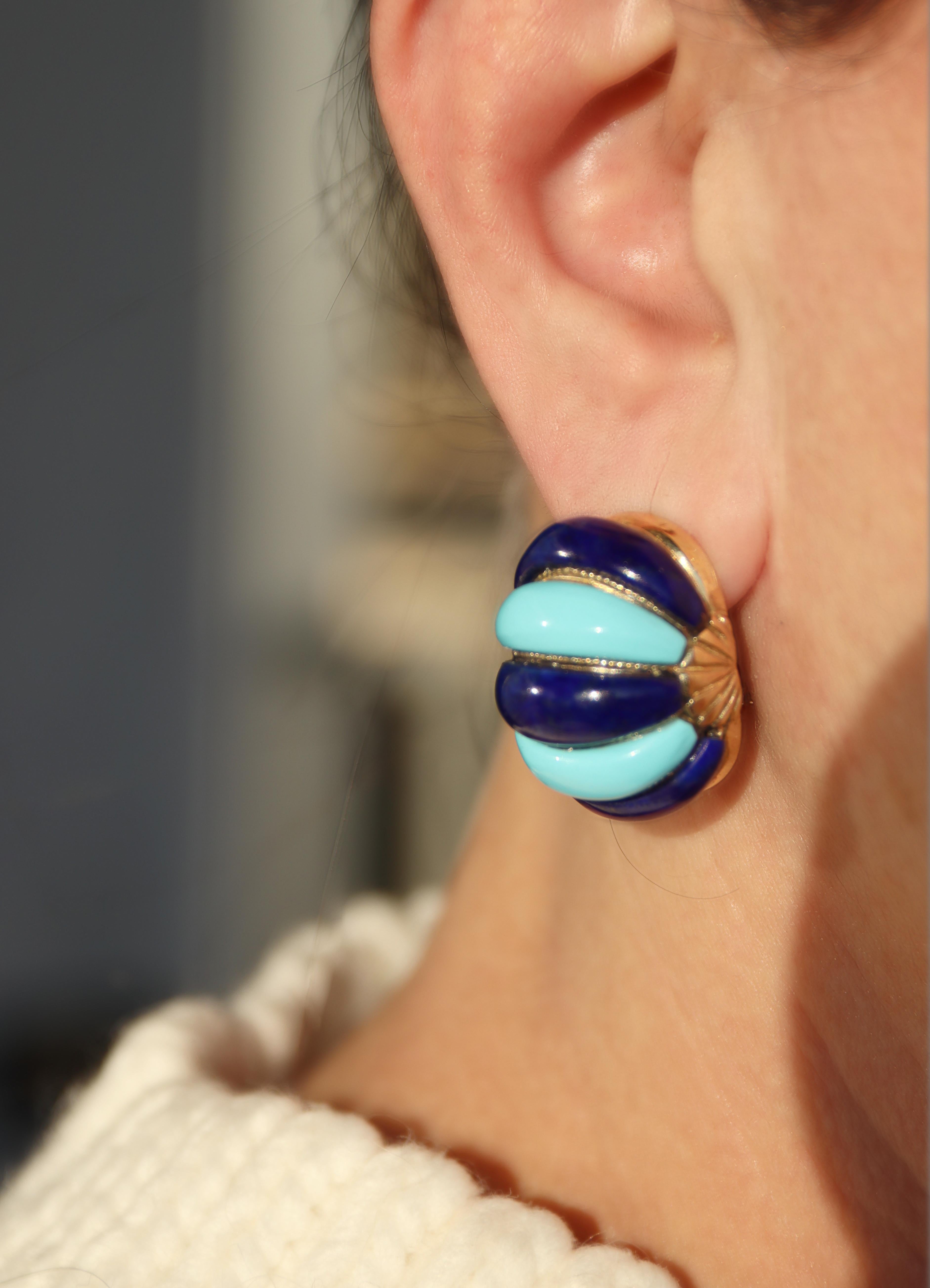 Boucles d'oreilles Turquoise Lapis Lazuli en or jaune 14 carats en vente 3