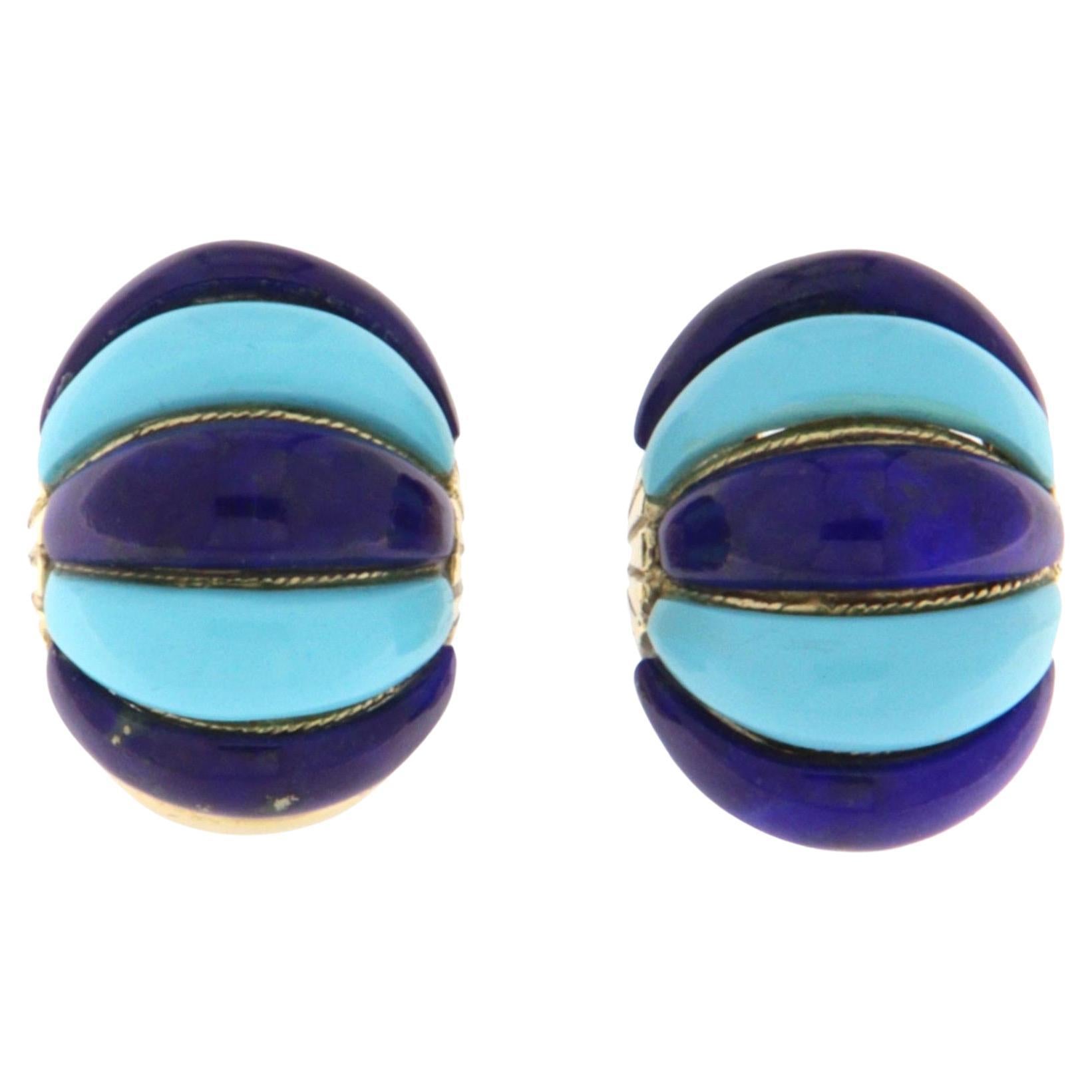Orecchini con perno in turchese e lapislazzuli in oro giallo 14 carati in vendita