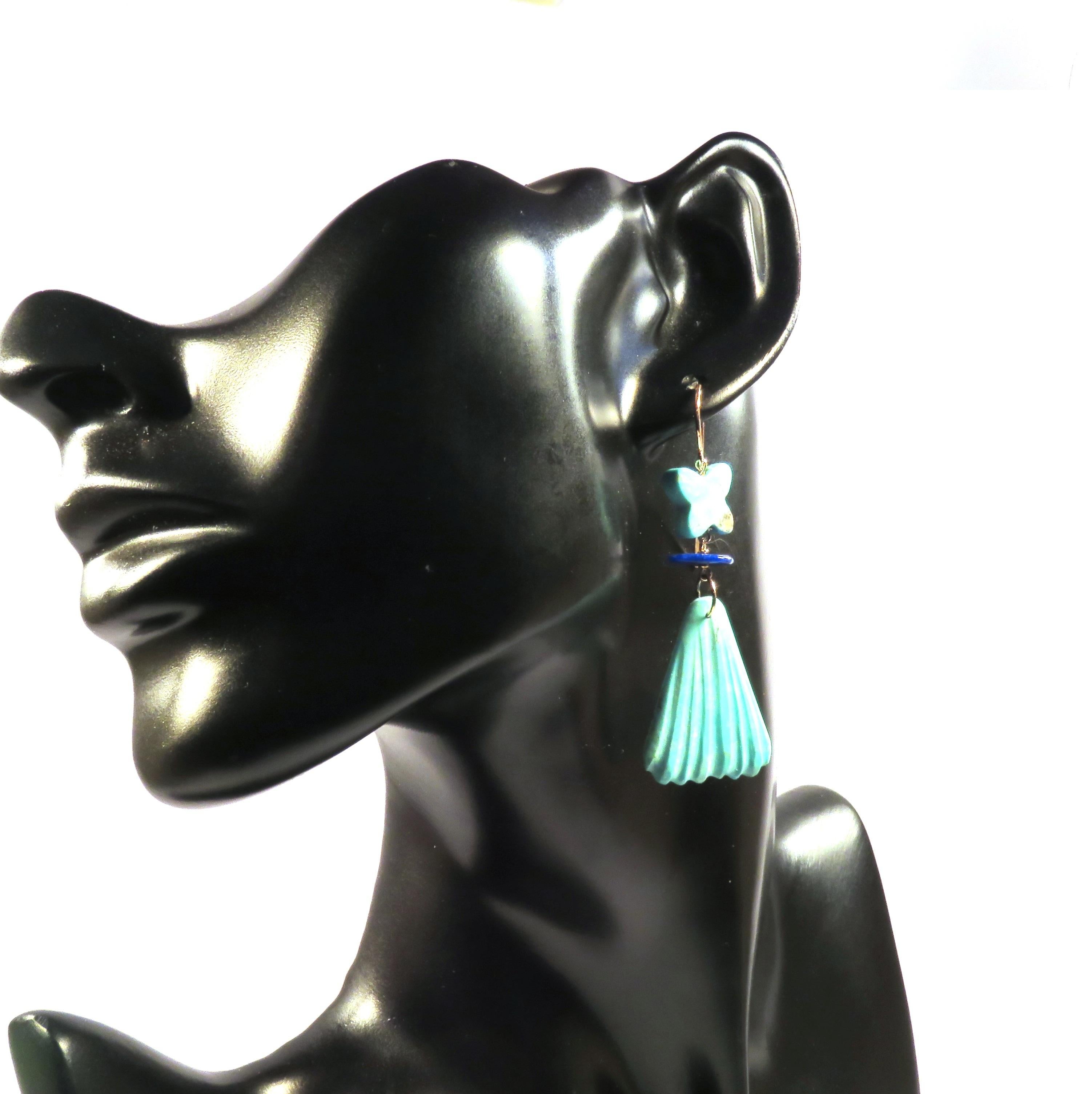 Contemporary Turquoise Lapis Lazuli 9 Karat Rose Gold Dangle Earrings Handcrafted in Italy For Sale
