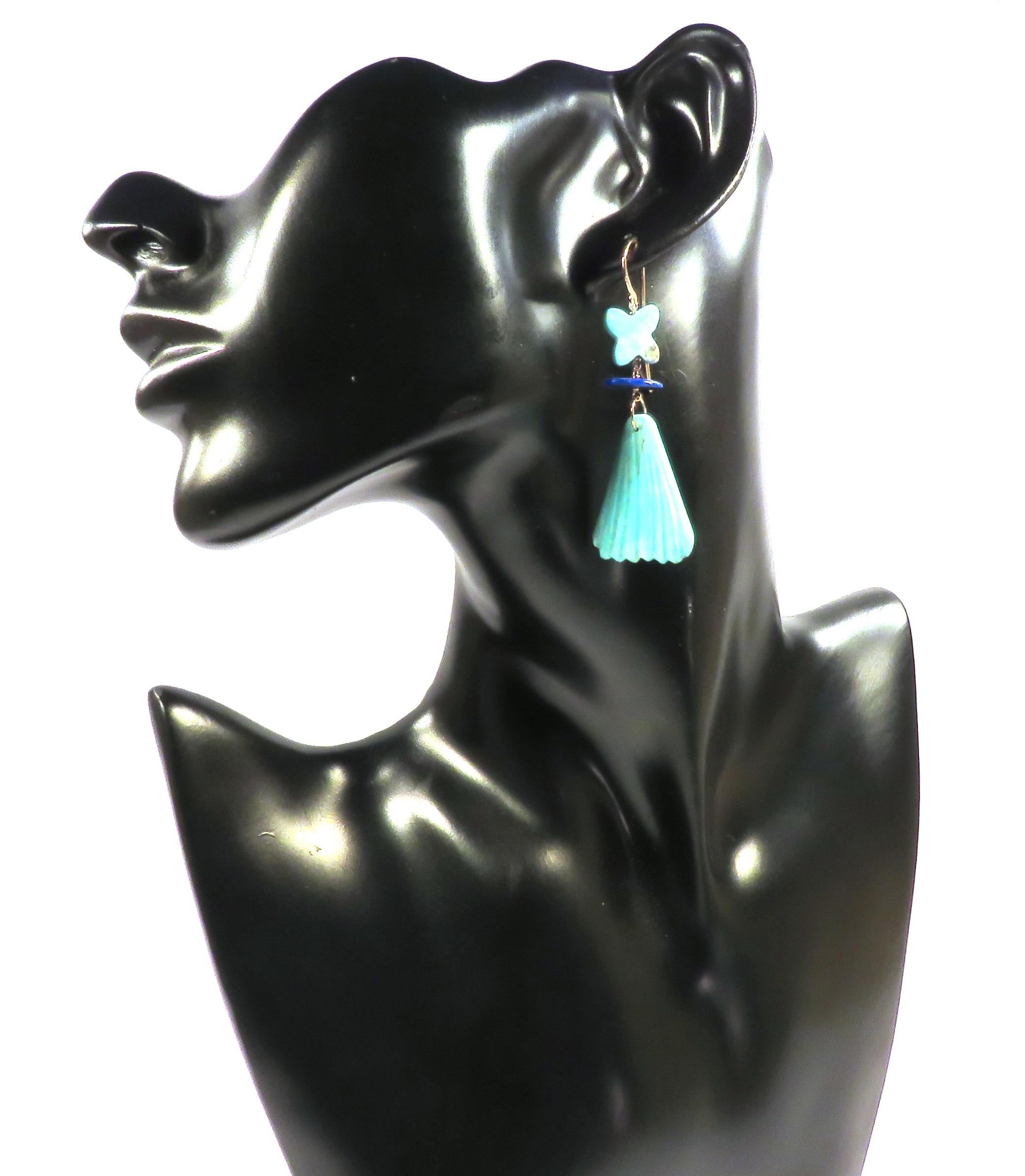 Uncut Turquoise Lapis Lazuli 9 Karat Rose Gold Dangle Earrings Handcrafted in Italy For Sale