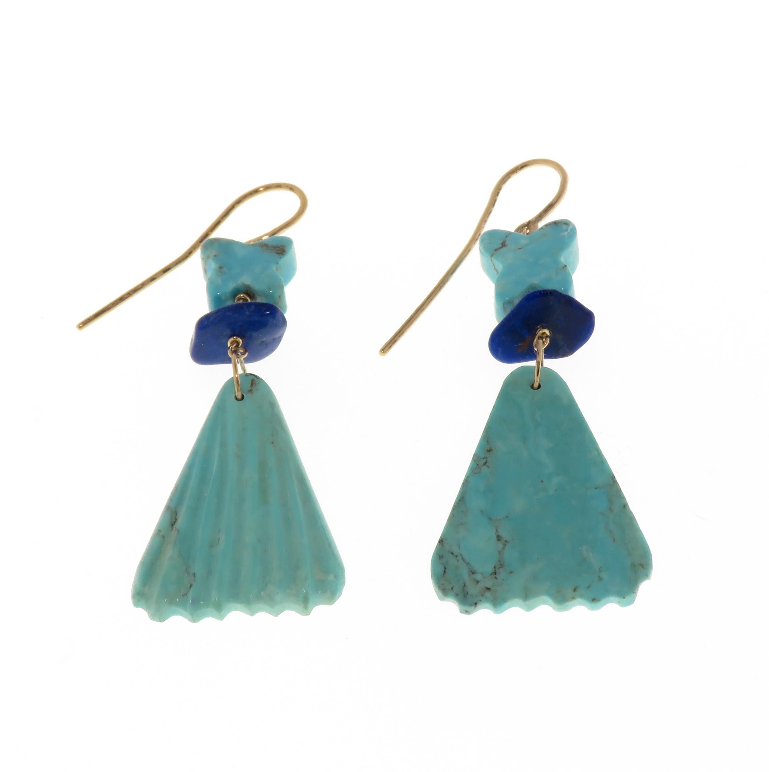 Pendants d'oreilles en or rose 9 carats avec turquoise et lapis-lazuli, fabriqués à la main en Italie Pour femmes en vente