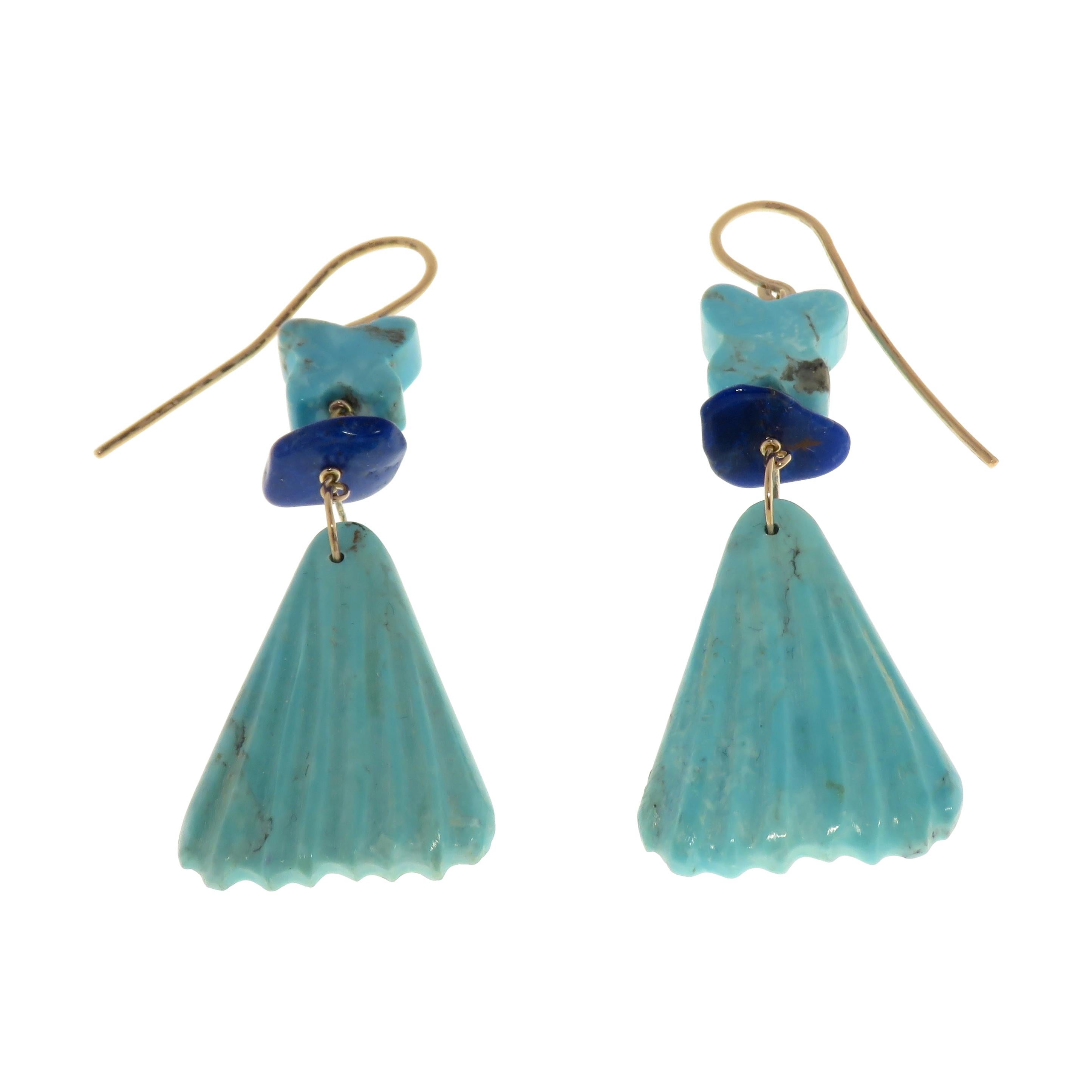 Turquoise Lapis Lazuli 9 Karat Rose Gold Dangle Earrings Handcrafted in Italy For Sale