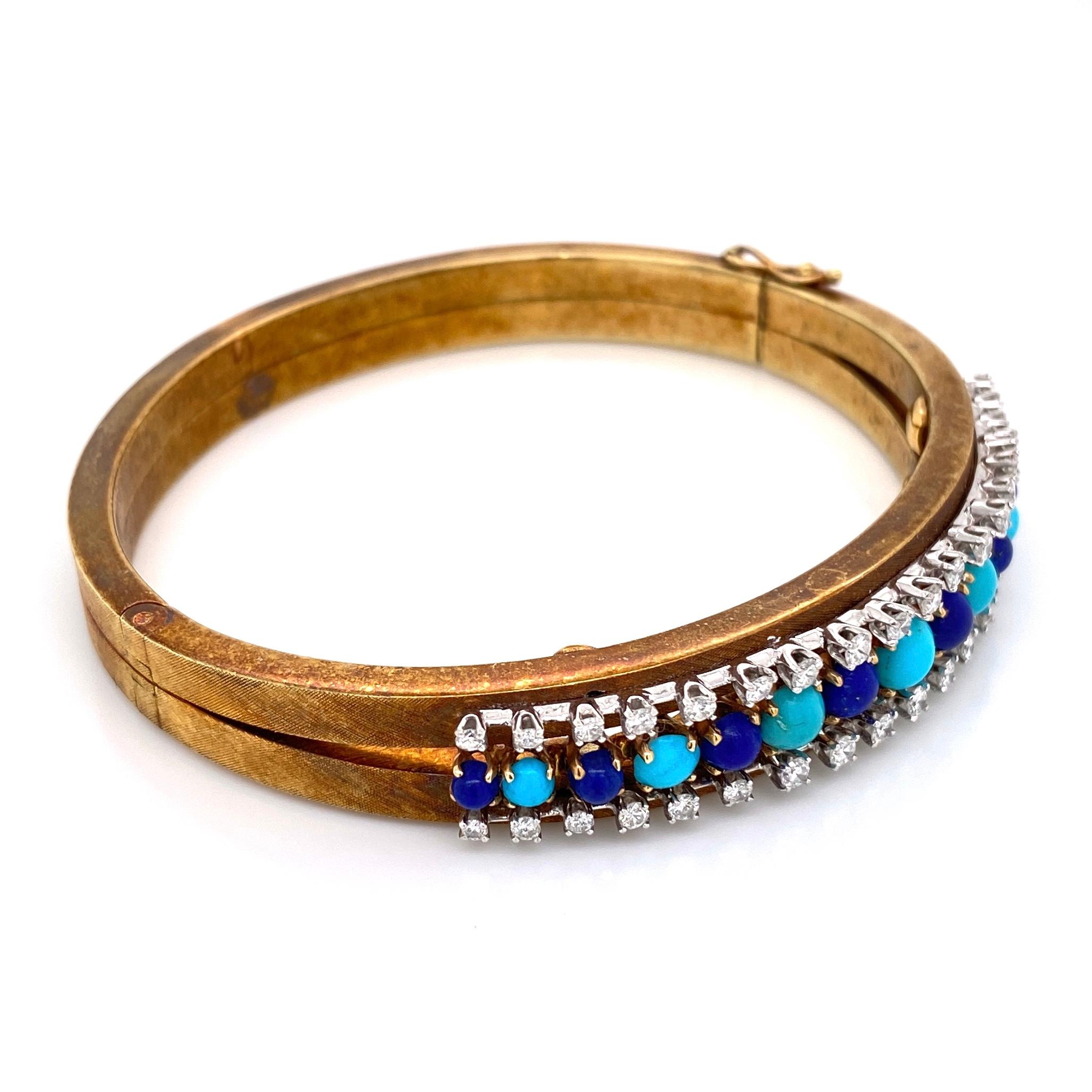 Modernist Turquoise Lapis Lazuli and Diamond Bangle Bracelet Estate Fine Jewelry
