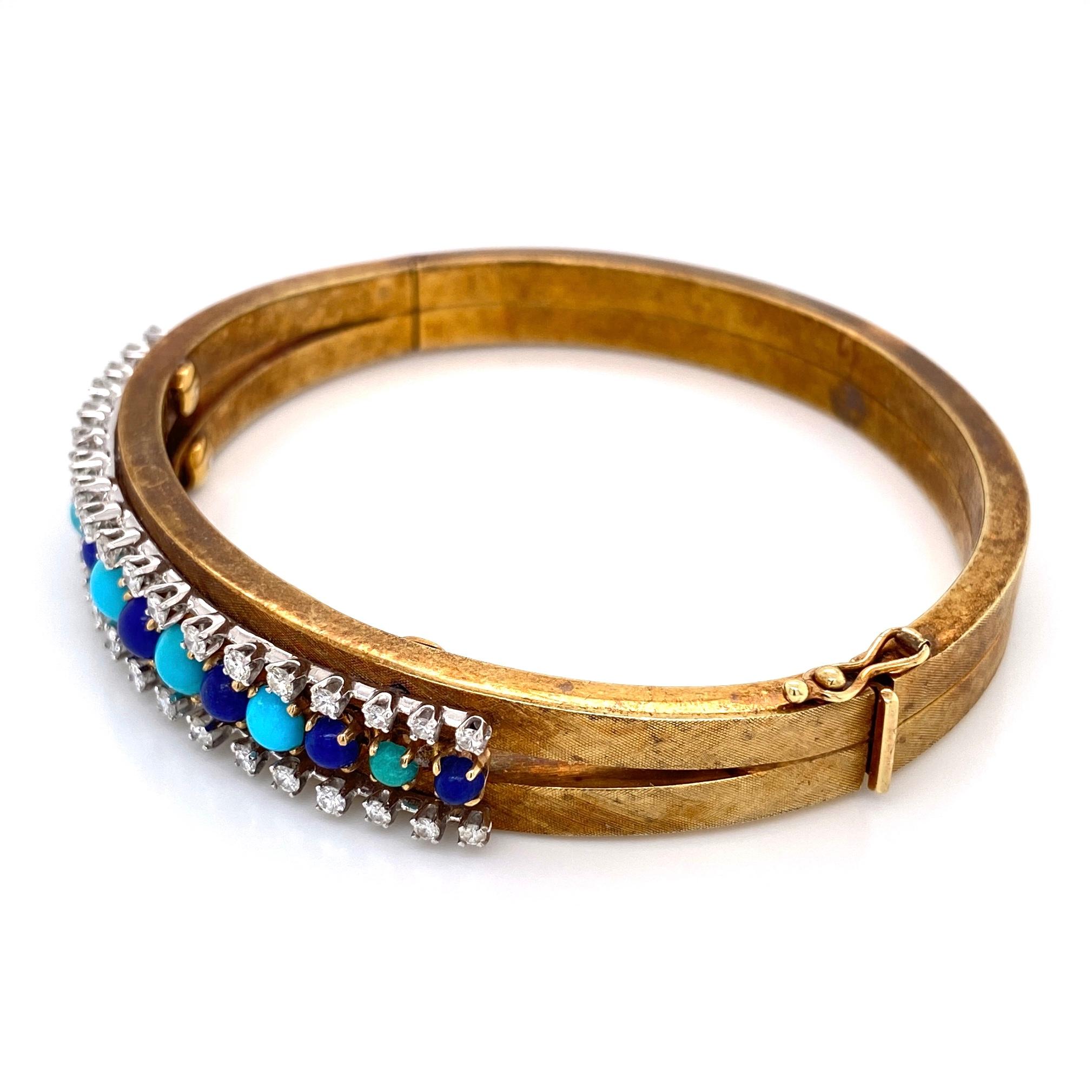 Turquoise Lapis Lazuli and Diamond Bangle Bracelet Estate Fine Jewelry In Excellent Condition In Montreal, QC