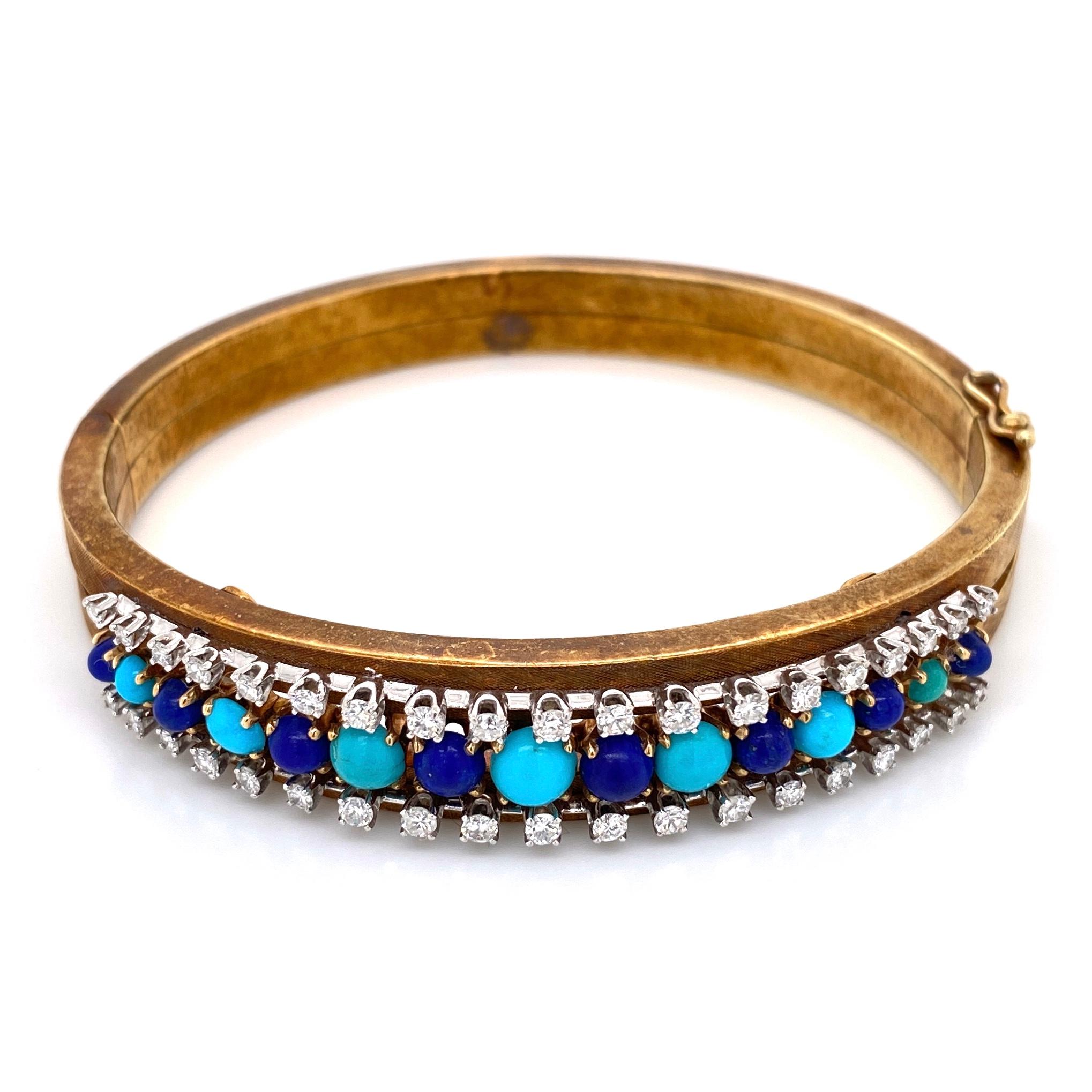 Turquoise Lapis Lazuli and Diamond Bangle Bracelet Estate Fine Jewelry 2