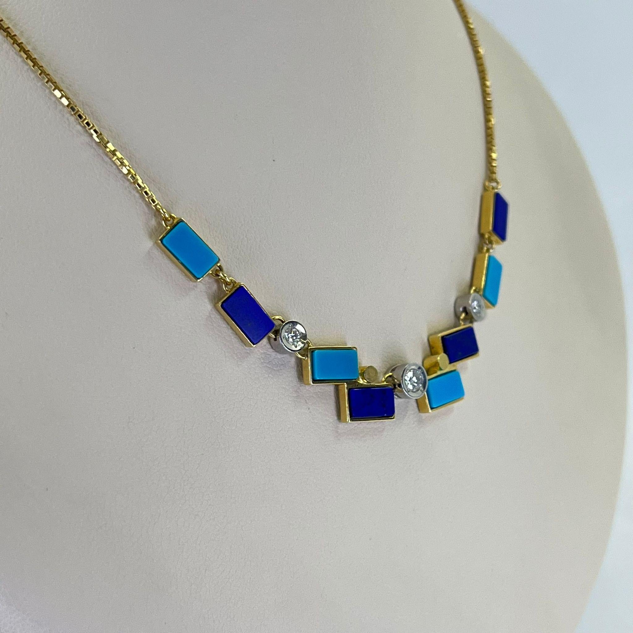 Collana di turchesi, lapislazzuli e diamanti in oro giallo e platino in vendita 1