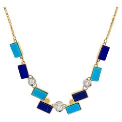 Turquoise, Lapis Lazuli, and Diamond Necklace in Yellow Gold and Platinum
