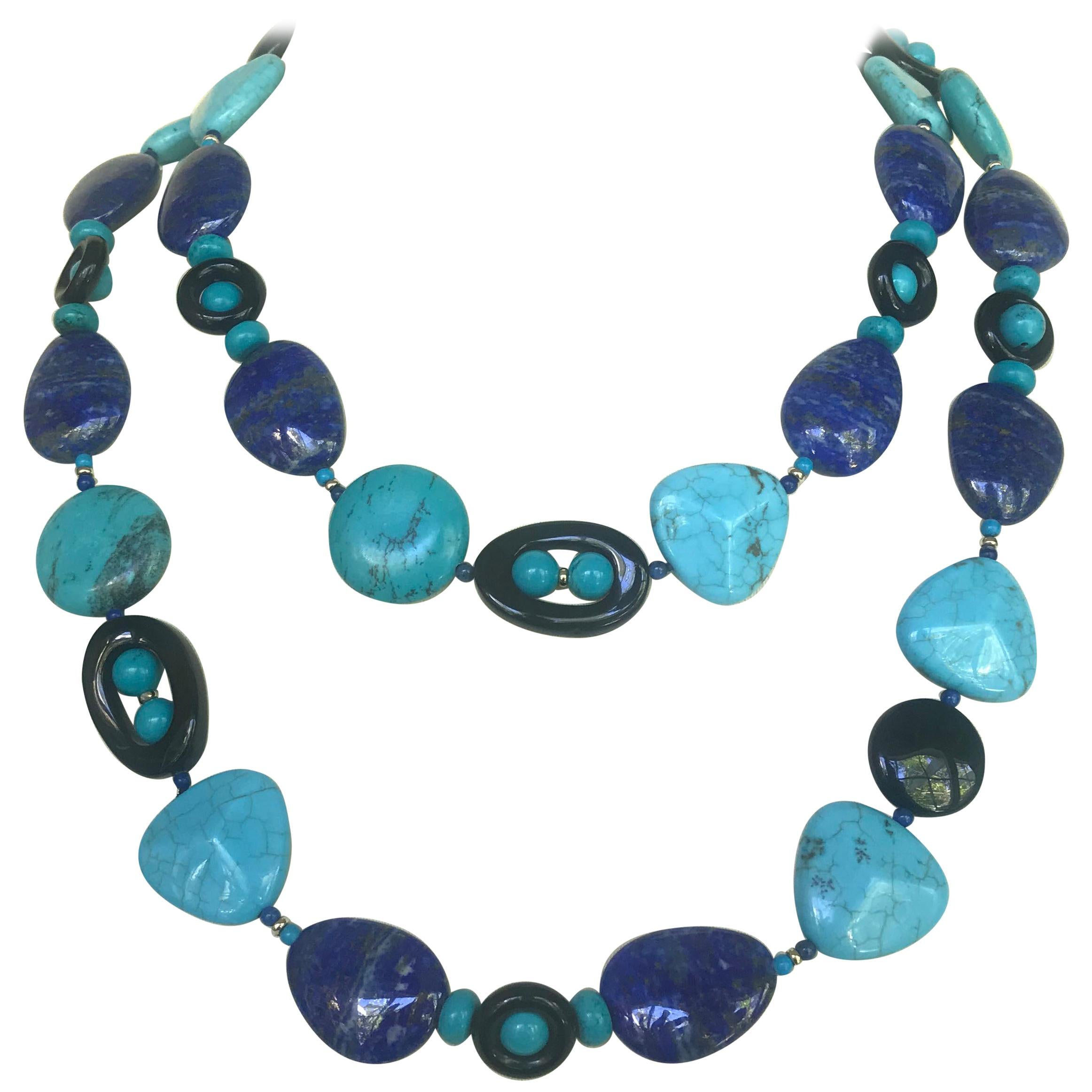 Marina J Turquoise, Lapis Lazuli and  Onyx Long Necklace with 14 K Yellow Gold 