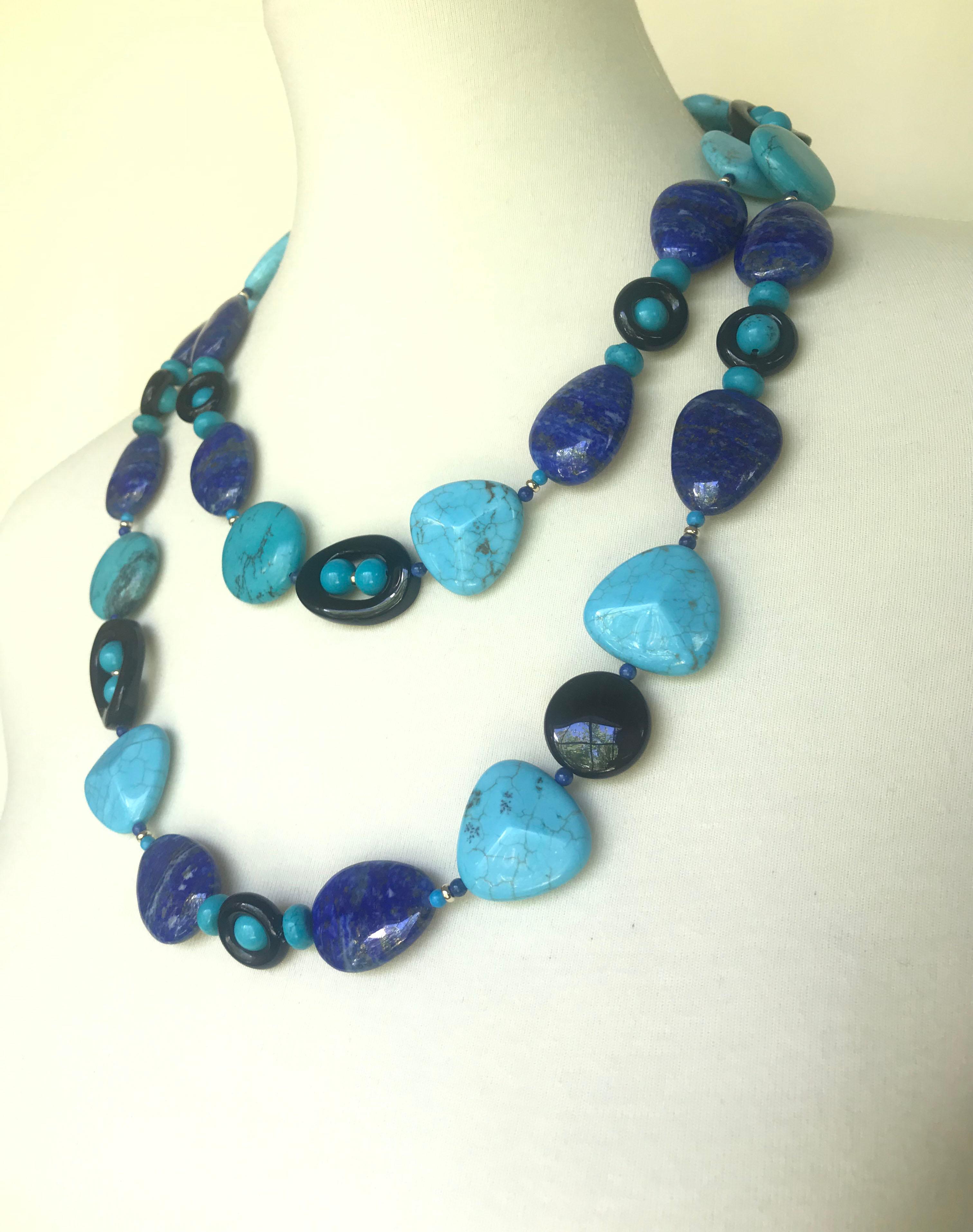 Artist Marina J Turquoise, Lapis Lazuli and  Onyx Long Necklace with 14 K Yellow Gold 