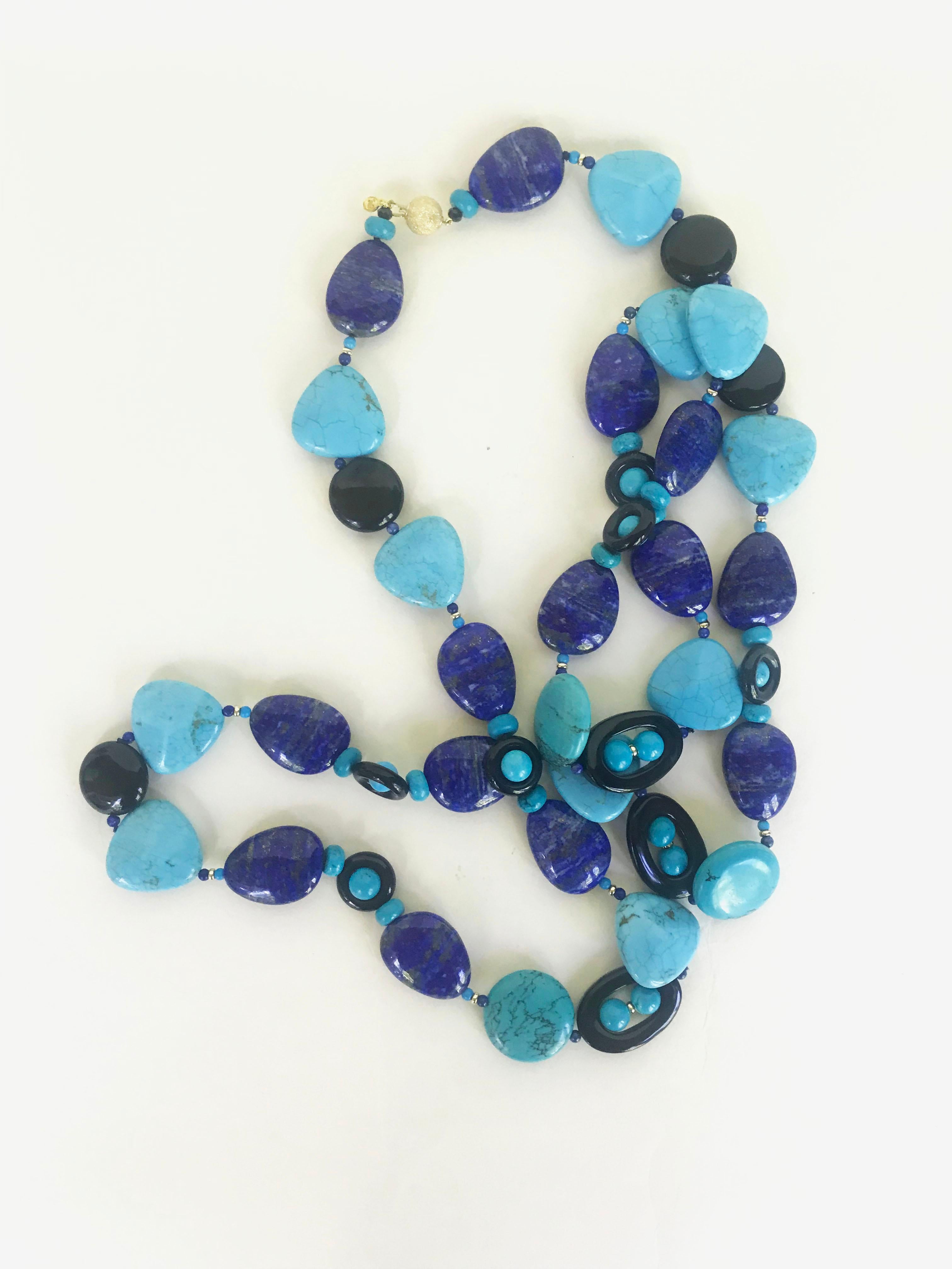 Marina J Turquoise, Lapis Lazuli and  Onyx Long Necklace with 14 K Yellow Gold  In New Condition In Los Angeles, CA