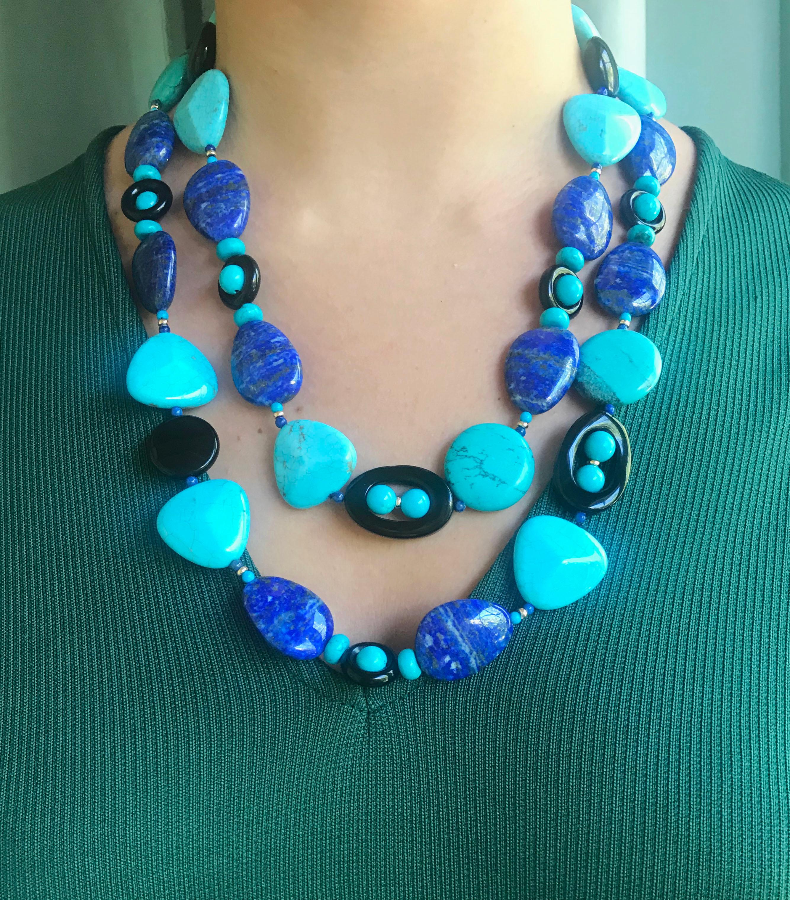 Marina J Turquoise, Lapis Lazuli and  Onyx Long Necklace with 14 K Yellow Gold  1