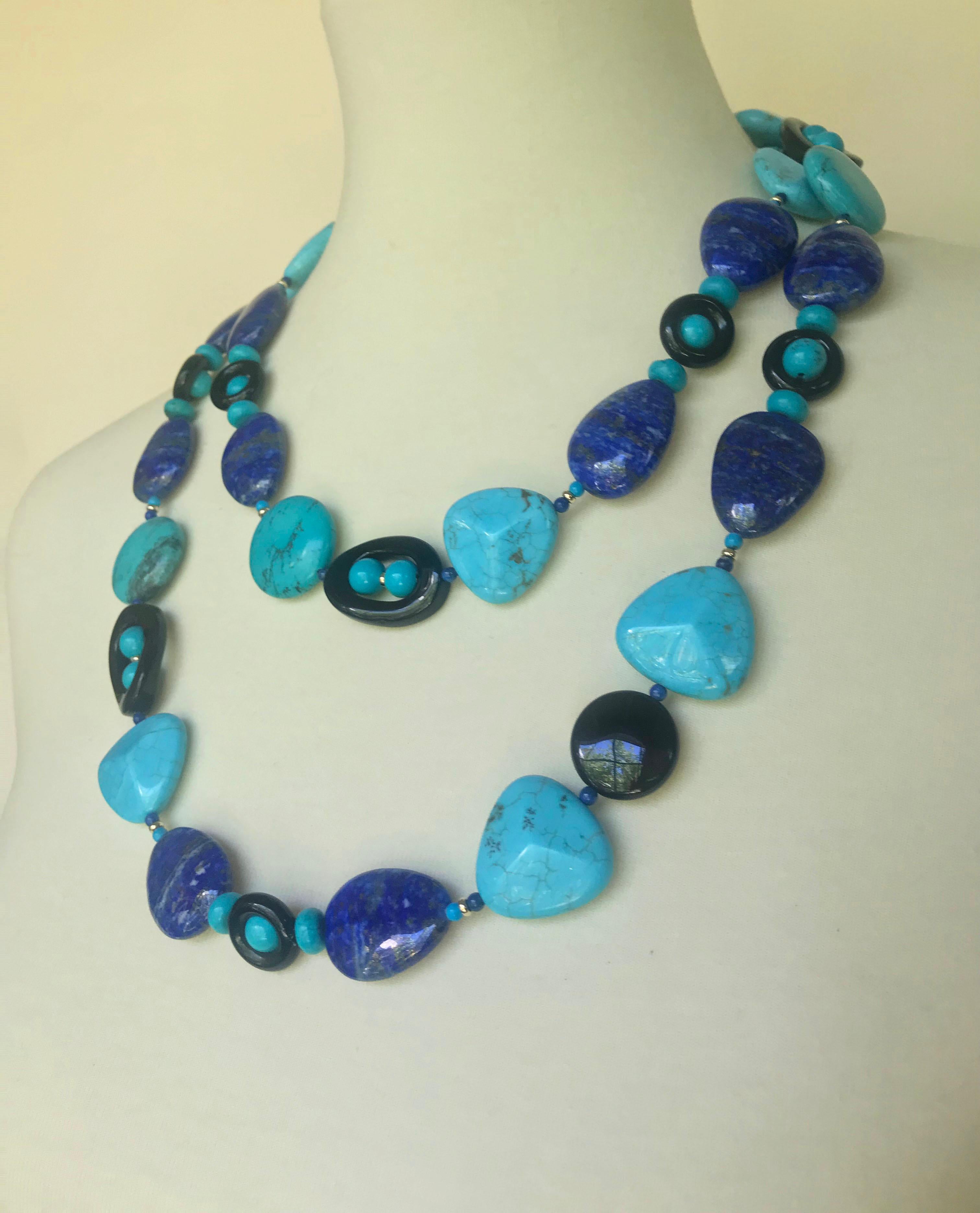 Marina J Turquoise, Lapis Lazuli and  Onyx Long Necklace with 14 K Yellow Gold  2