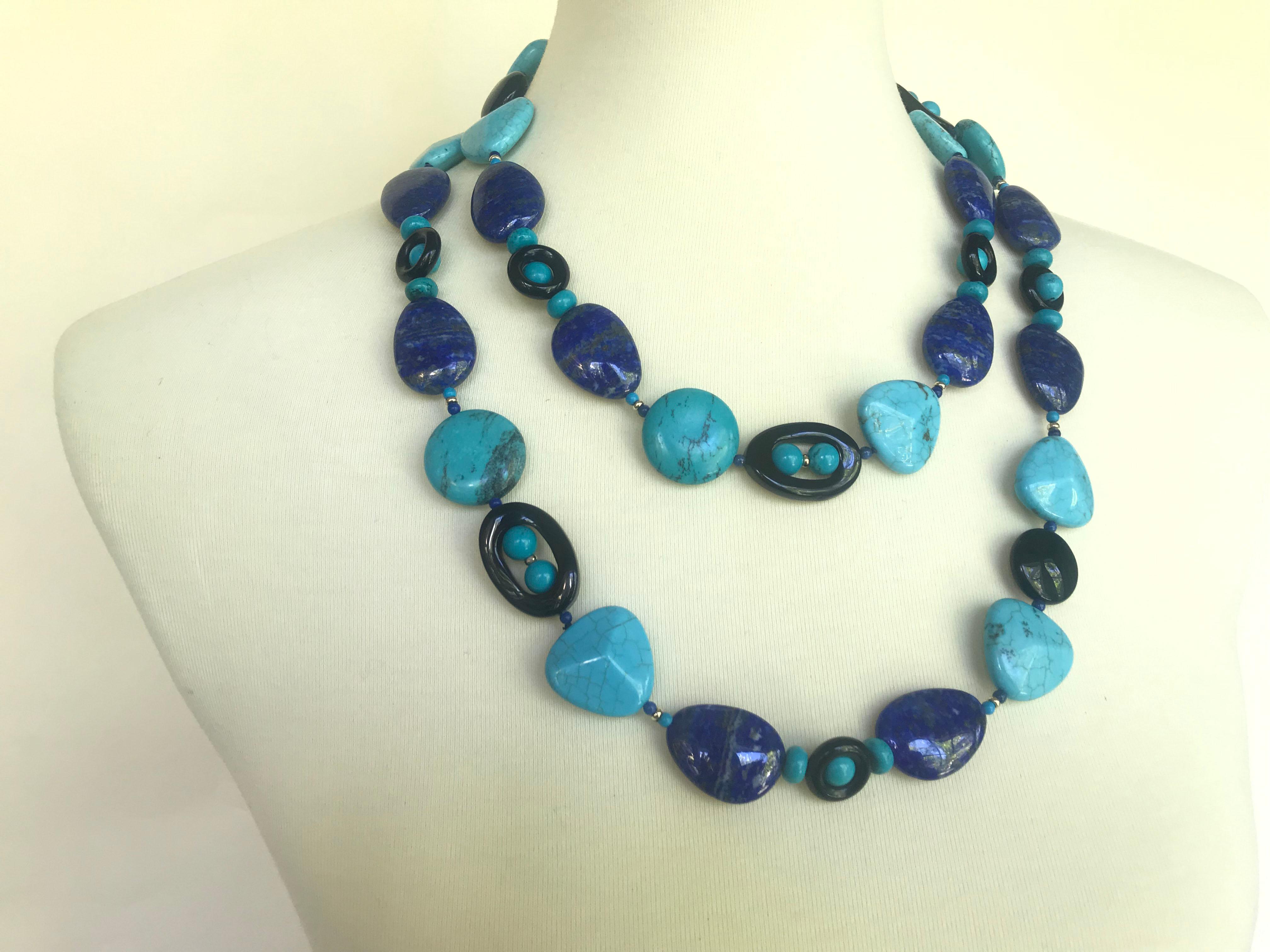 Marina J Turquoise, Lapis Lazuli and  Onyx Long Necklace with 14 K Yellow Gold  4
