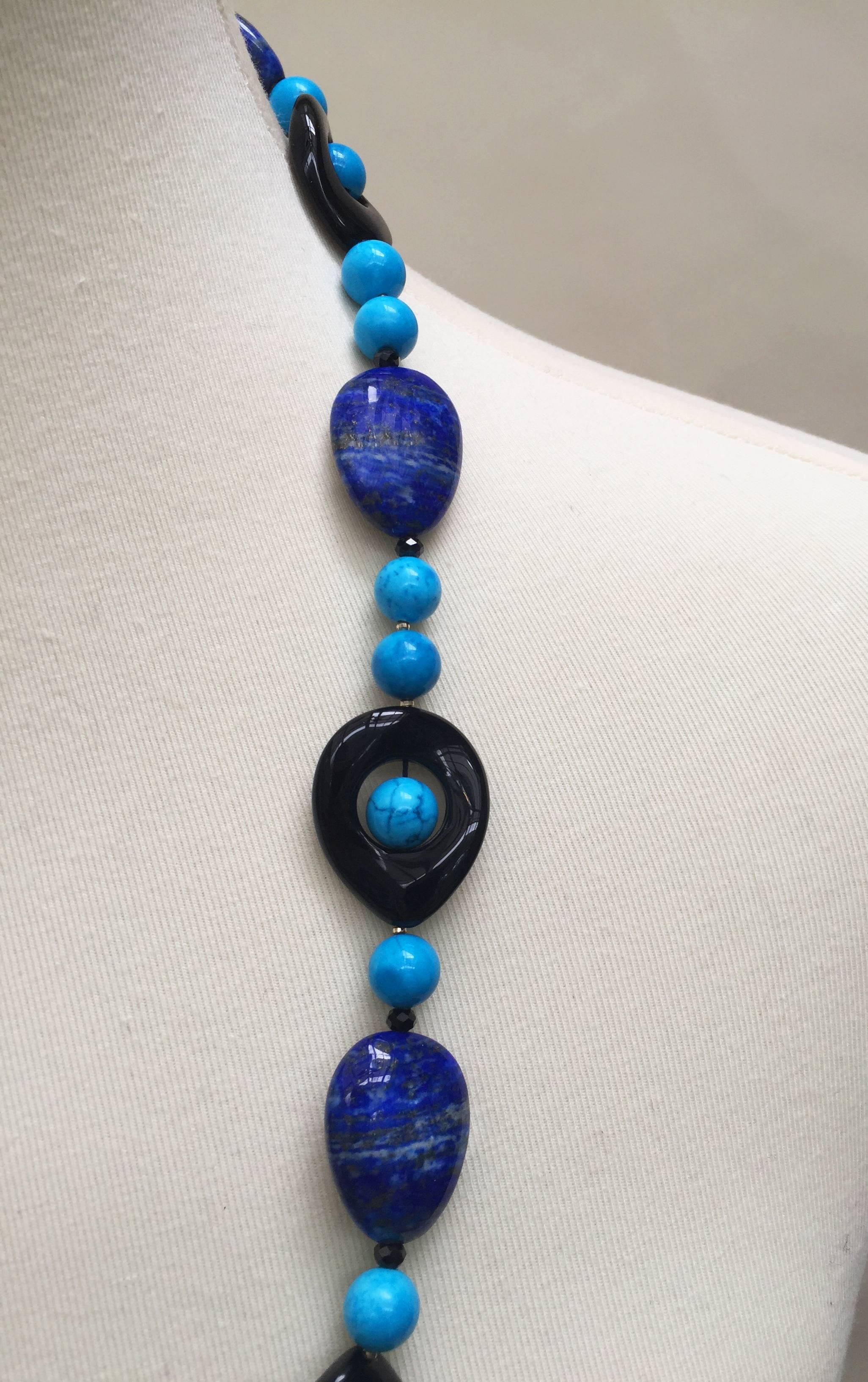 Artist Turquoise, Lapis Lazuli and Onyx Necklace with 14 Karat Yellow Gold Clasp
