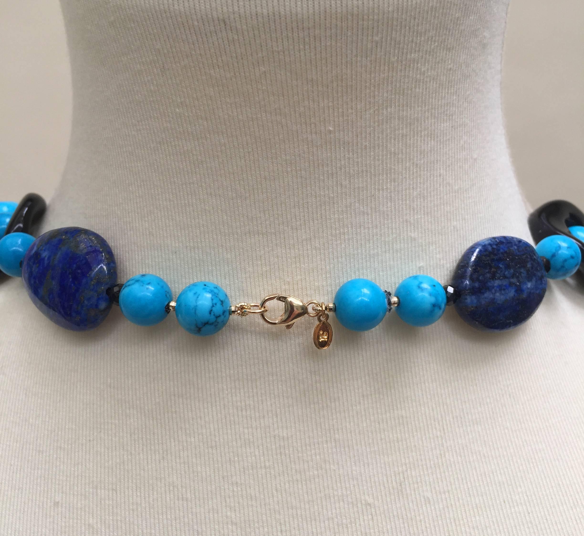 Turquoise, Lapis Lazuli and Onyx Necklace with 14 Karat Yellow Gold Clasp In New Condition In Los Angeles, CA
