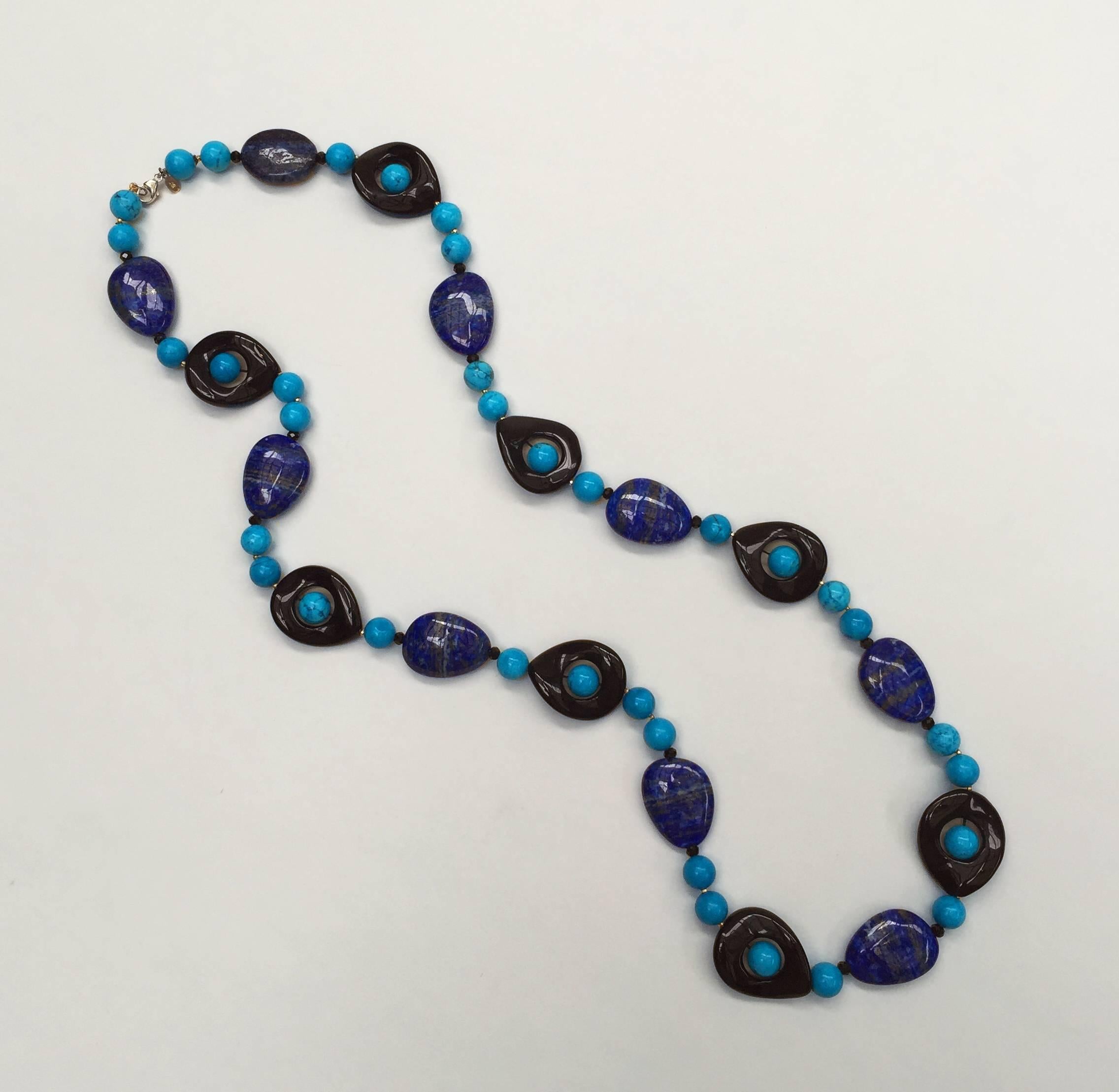 Women's Turquoise, Lapis Lazuli and Onyx Necklace with 14 Karat Yellow Gold Clasp
