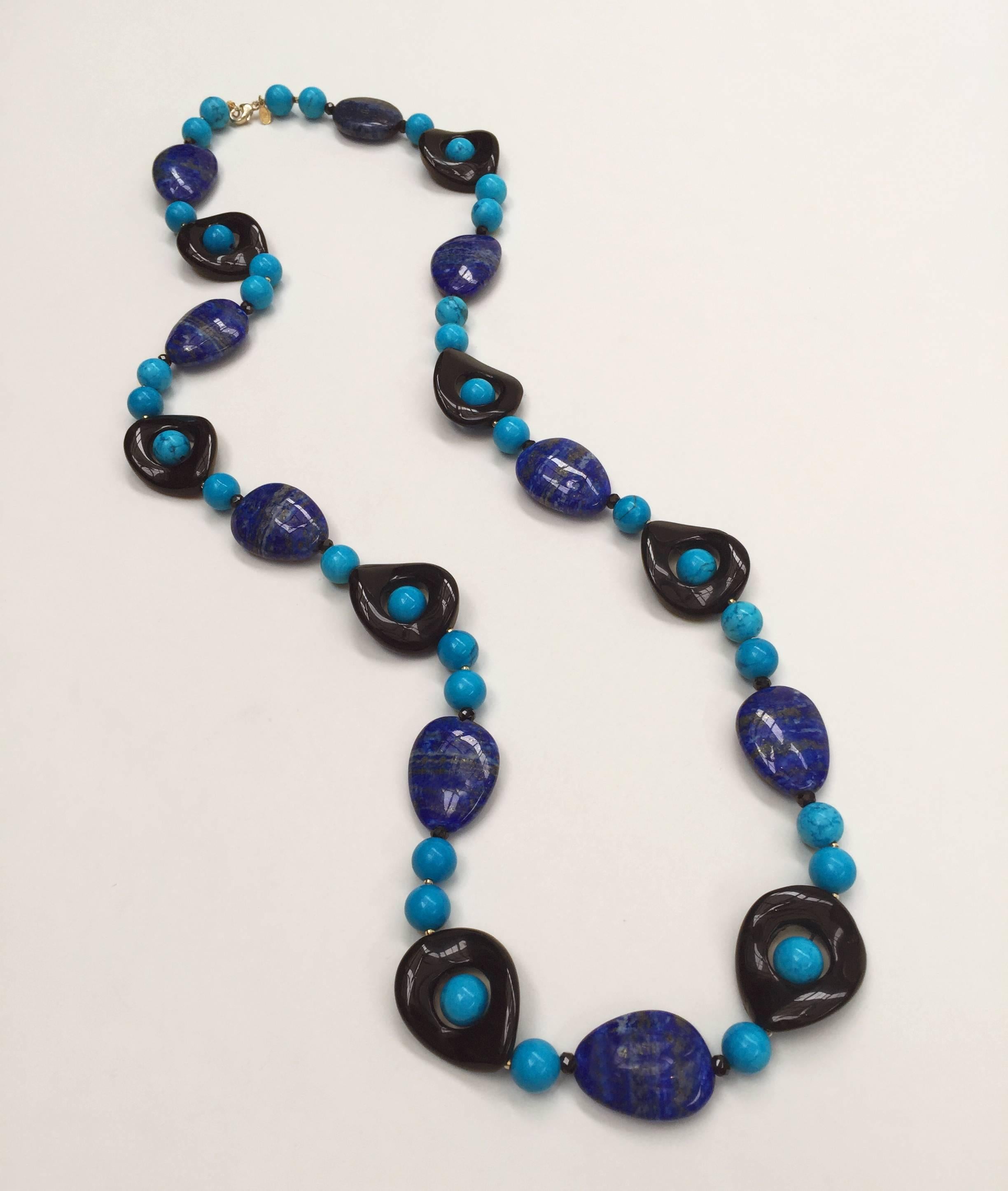 Turquoise, Lapis Lazuli and Onyx Necklace with 14 Karat Yellow Gold Clasp 1
