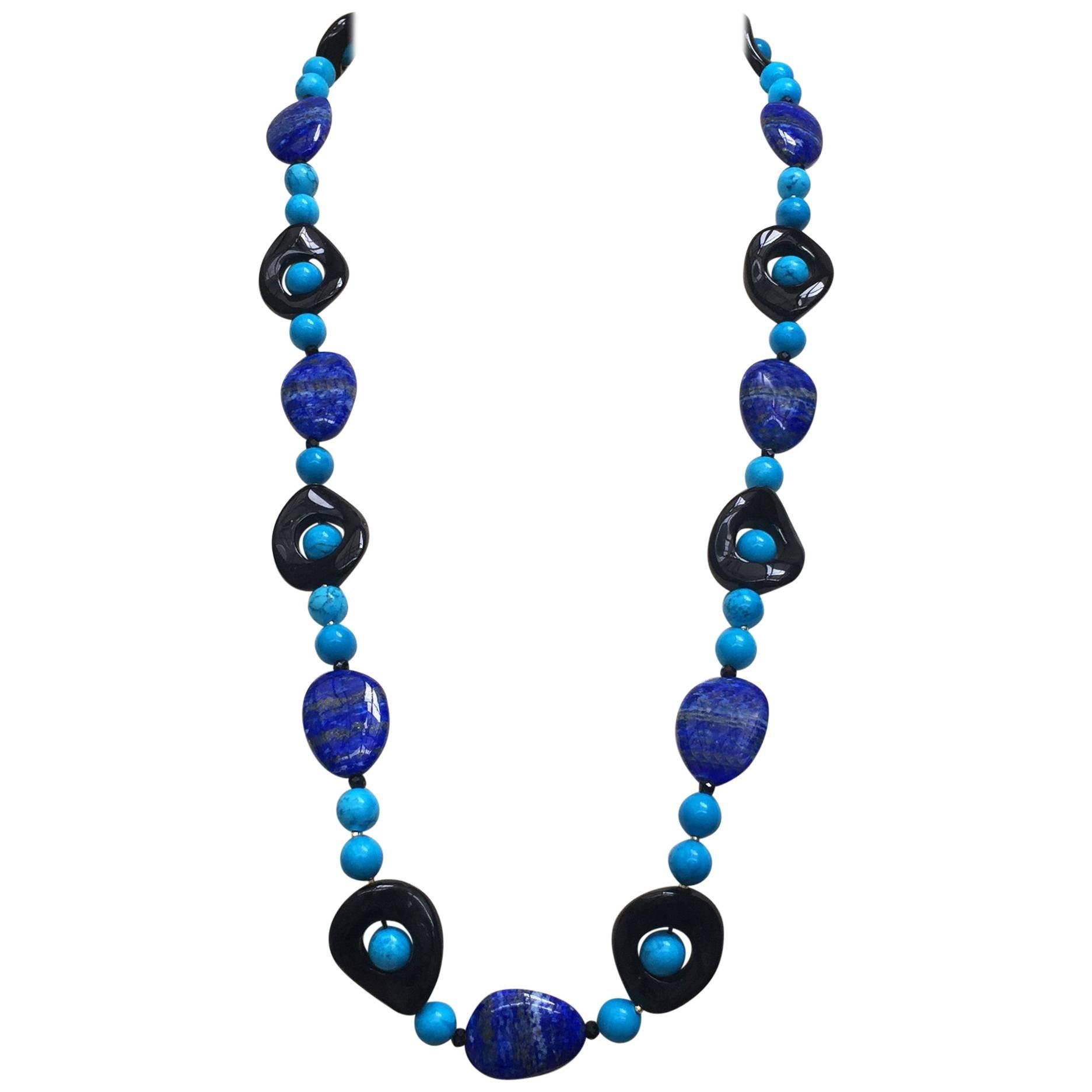 Turquoise, Lapis Lazuli and Onyx Necklace with 14 Karat Yellow Gold Clasp