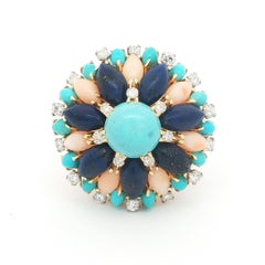 Turquoise, Lapis Lazuli, Coral and Diamond Cluster Ring in 14k Yellow Gold
