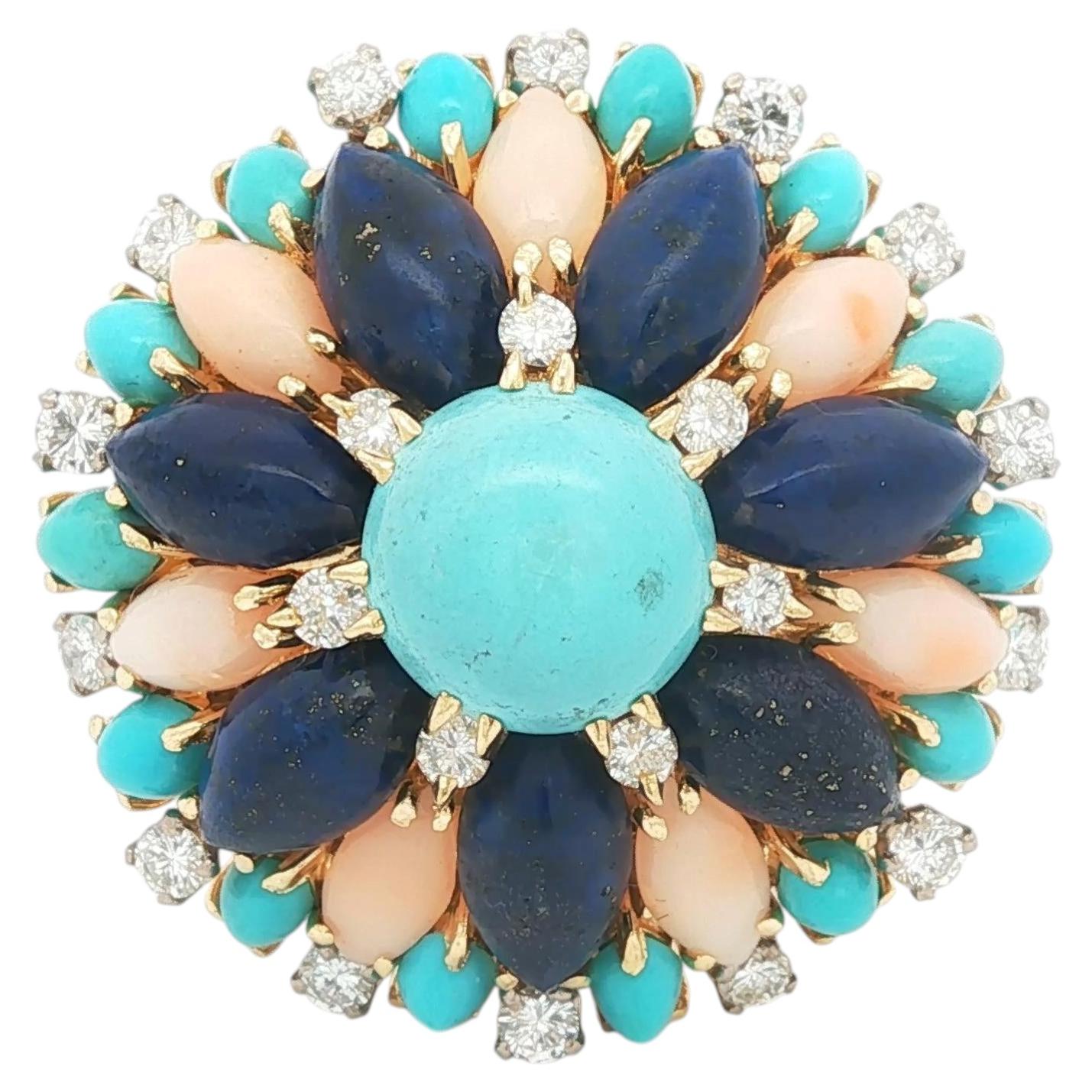 Turquoise, Lapis Lazuli, Coral and Diamond Cluster Ring in 14k Yellow Gold