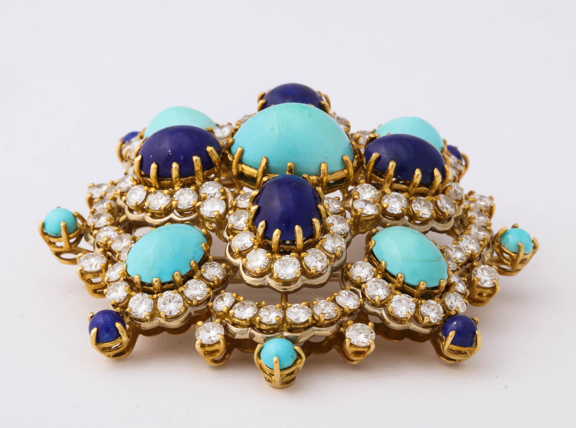 Oval Cut Turquoise, Lapis Lazuli, Diamond and Gold Brooch