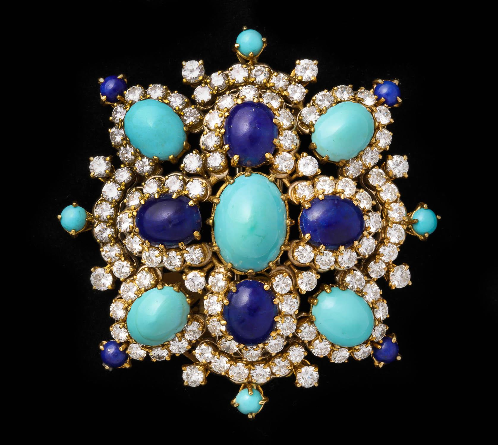 Turquoise, Lapis Lazuli, Diamond and Gold Brooch In Excellent Condition In New York, NY