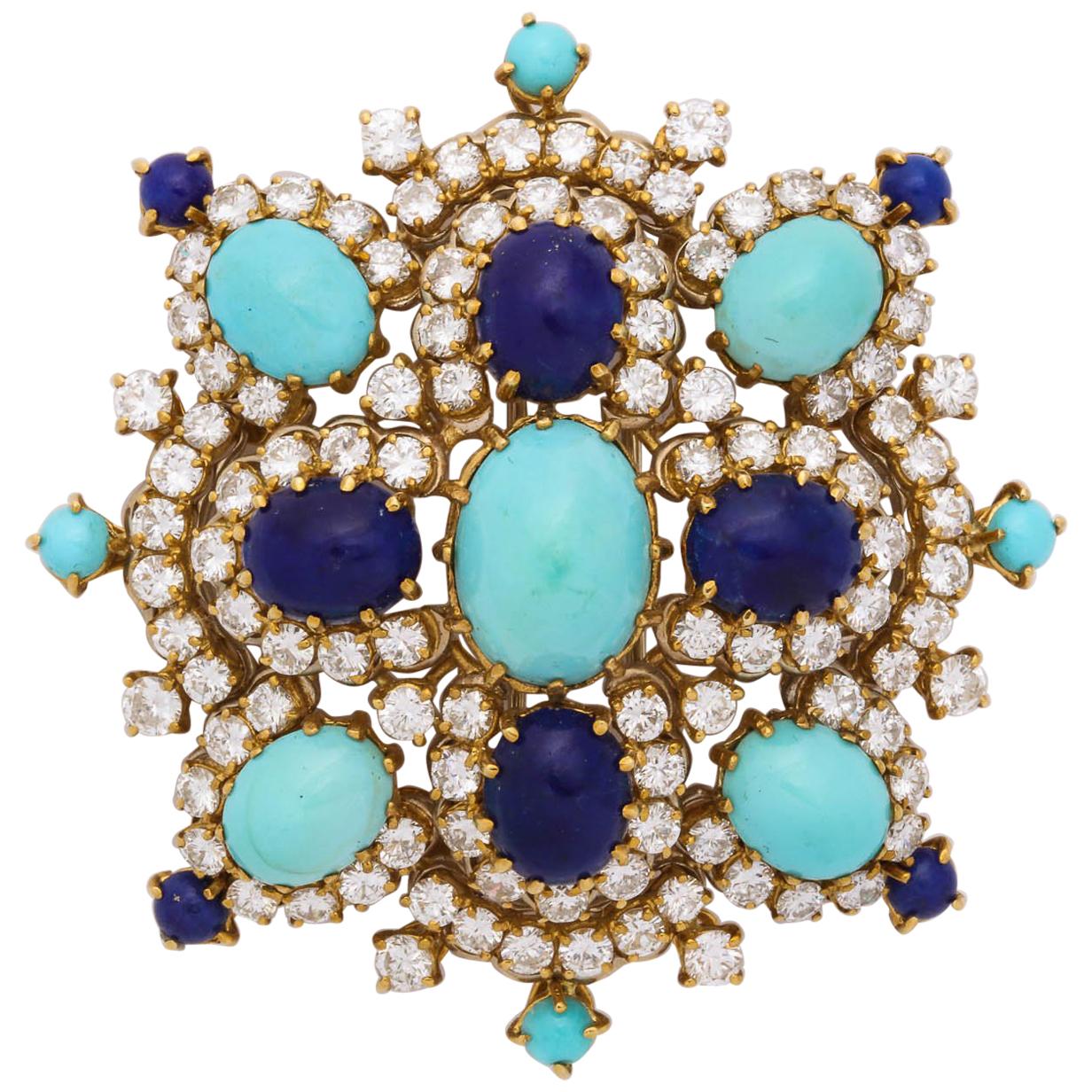 Turquoise, Lapis Lazuli, Diamond and Gold Brooch