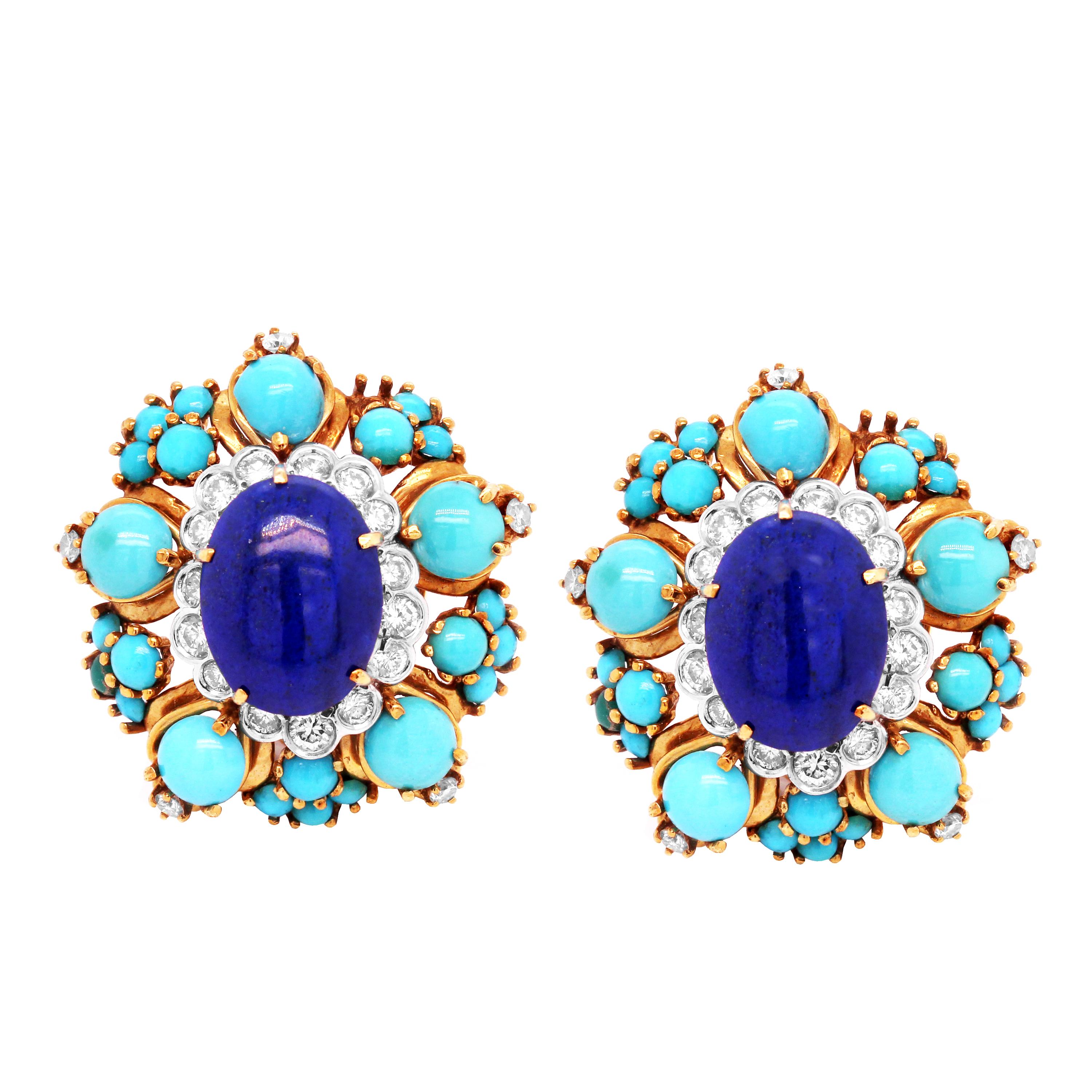 Women's Turquoise Lapis Lazuli Diamond Yellow Gold Clip-On Earrings