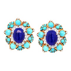 Turquoise Lapis Lazuli Diamond Yellow Gold Clip-On Earrings